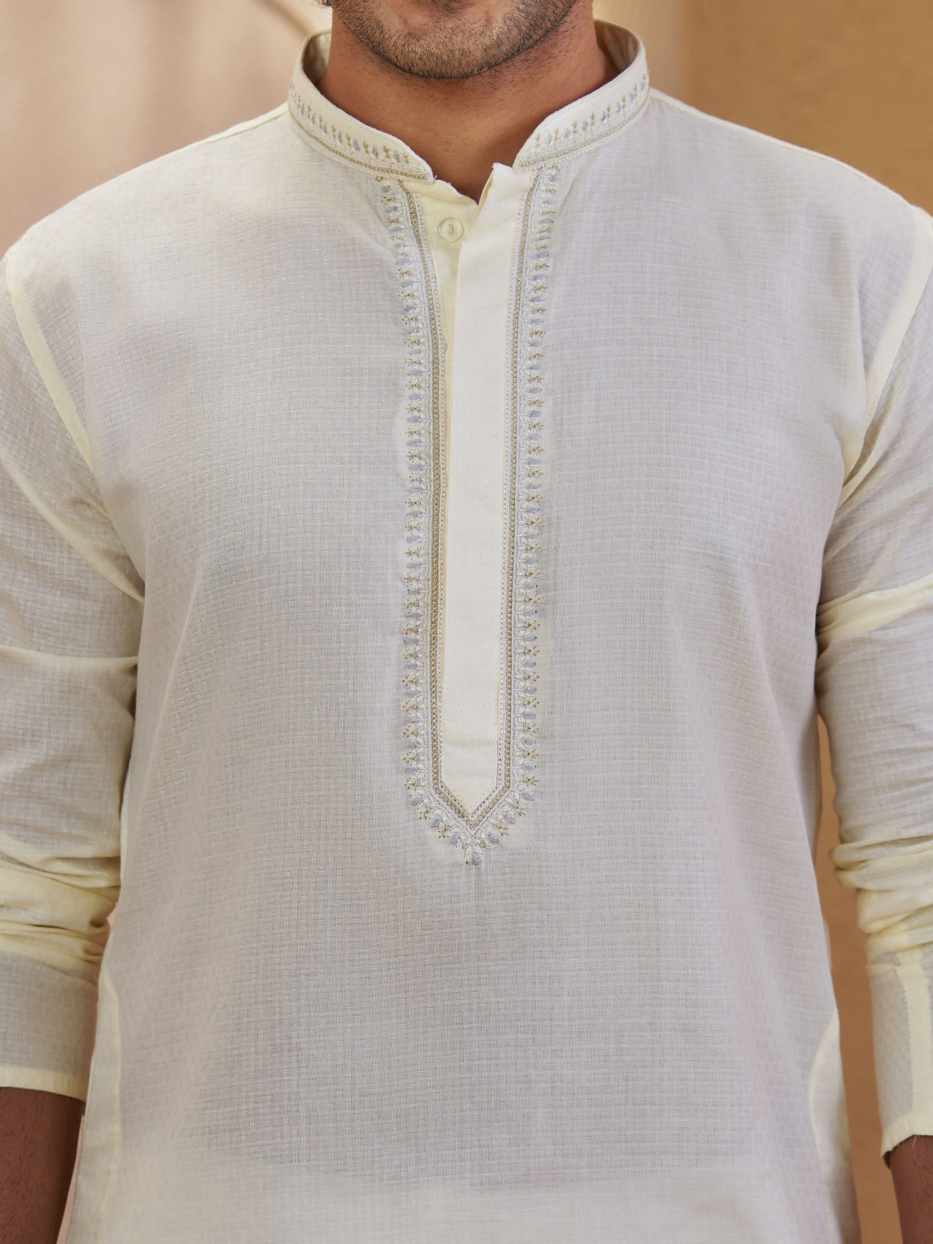 Men's Cream Woven Fabric Embroidered Thigh Length Kurta