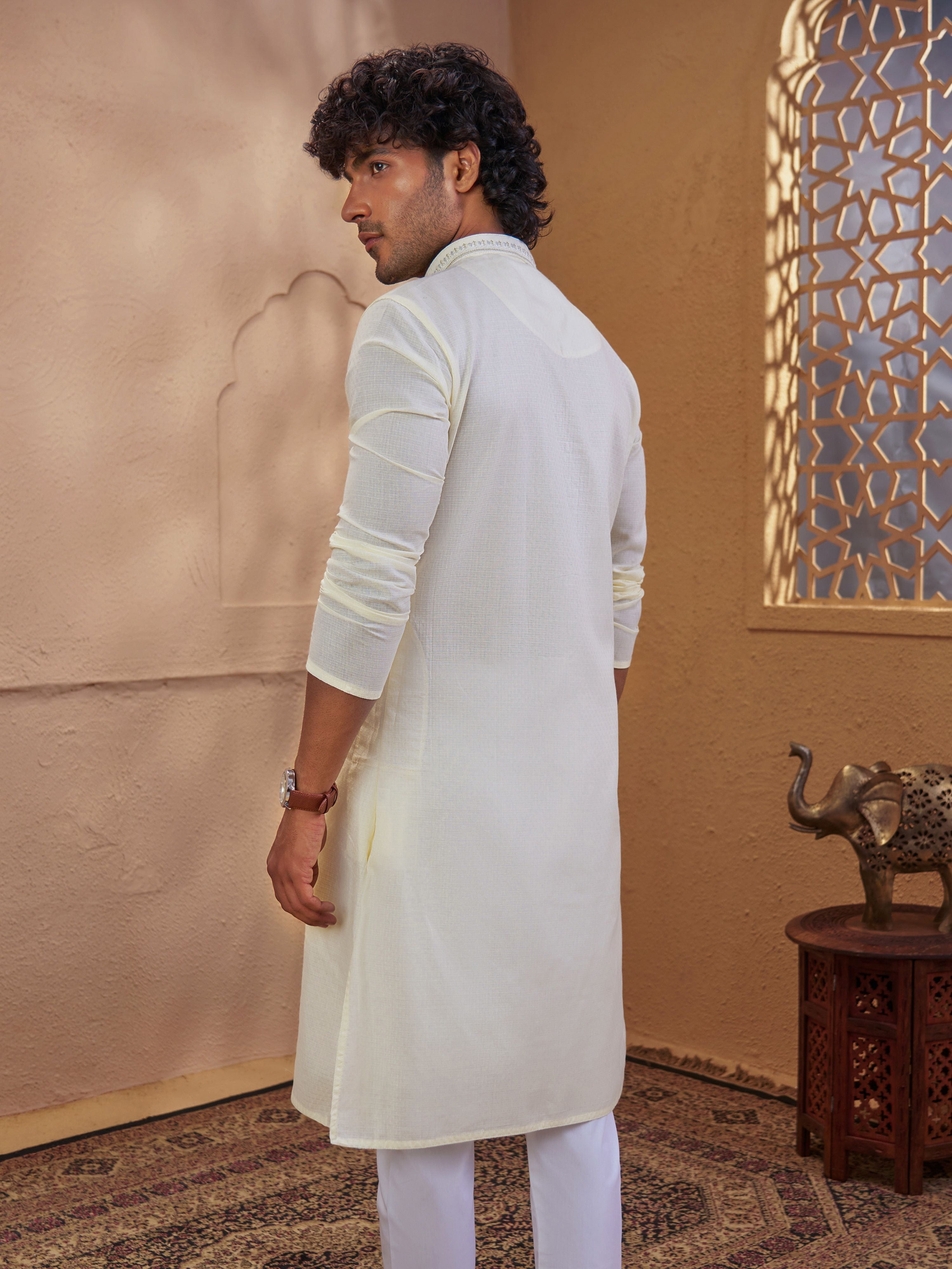 Men's Cream Woven Fabric Embroidered Thigh Length Kurta