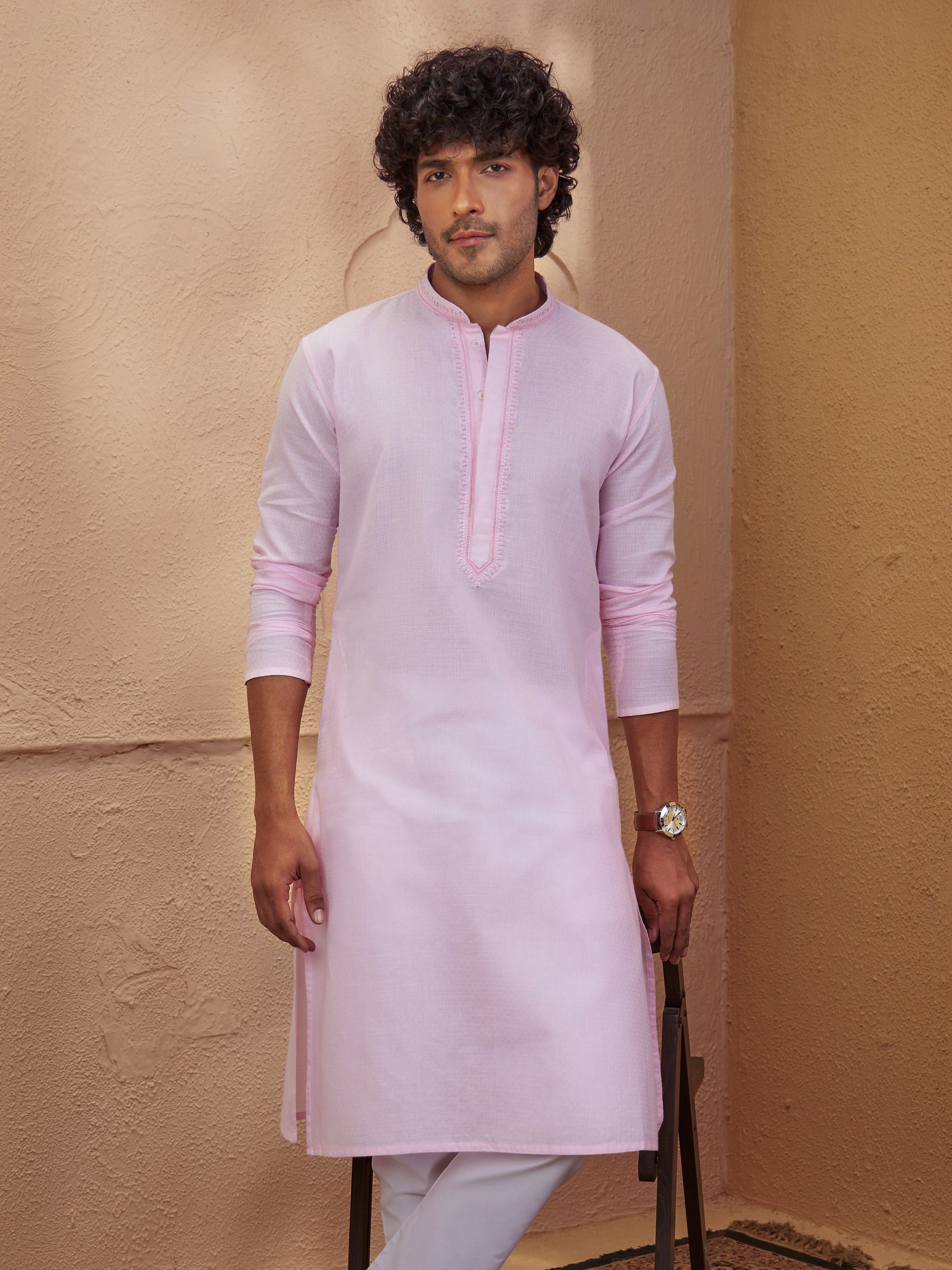 Men Light Pink Zari Embroidered Mandarin Collar Kurta