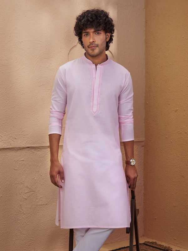 Men Light Pink Zari Embroidered Mandarin Collar Kurta