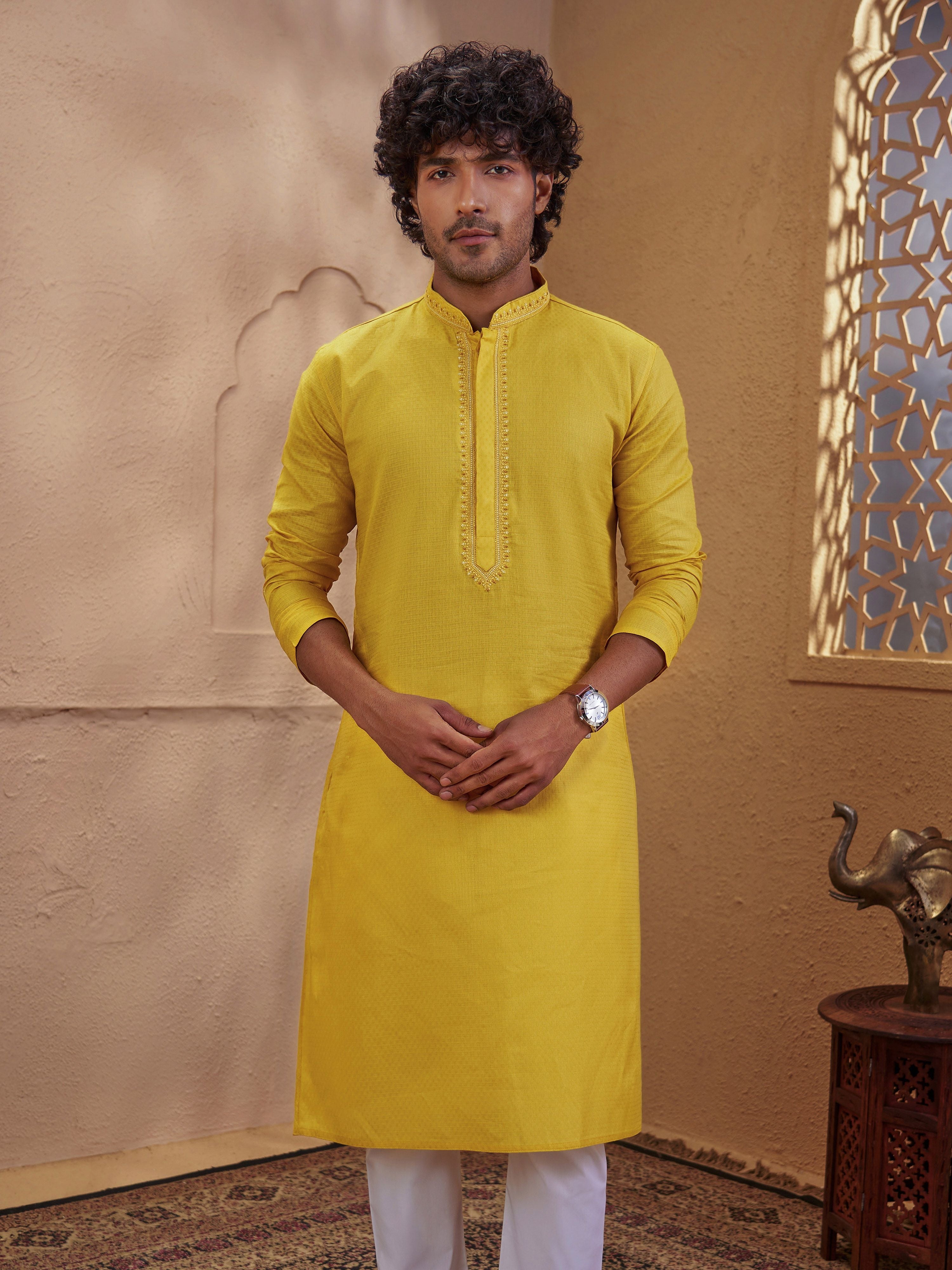 Men's Yellow Woven Fabric Embroidered Thigh Length Kurta