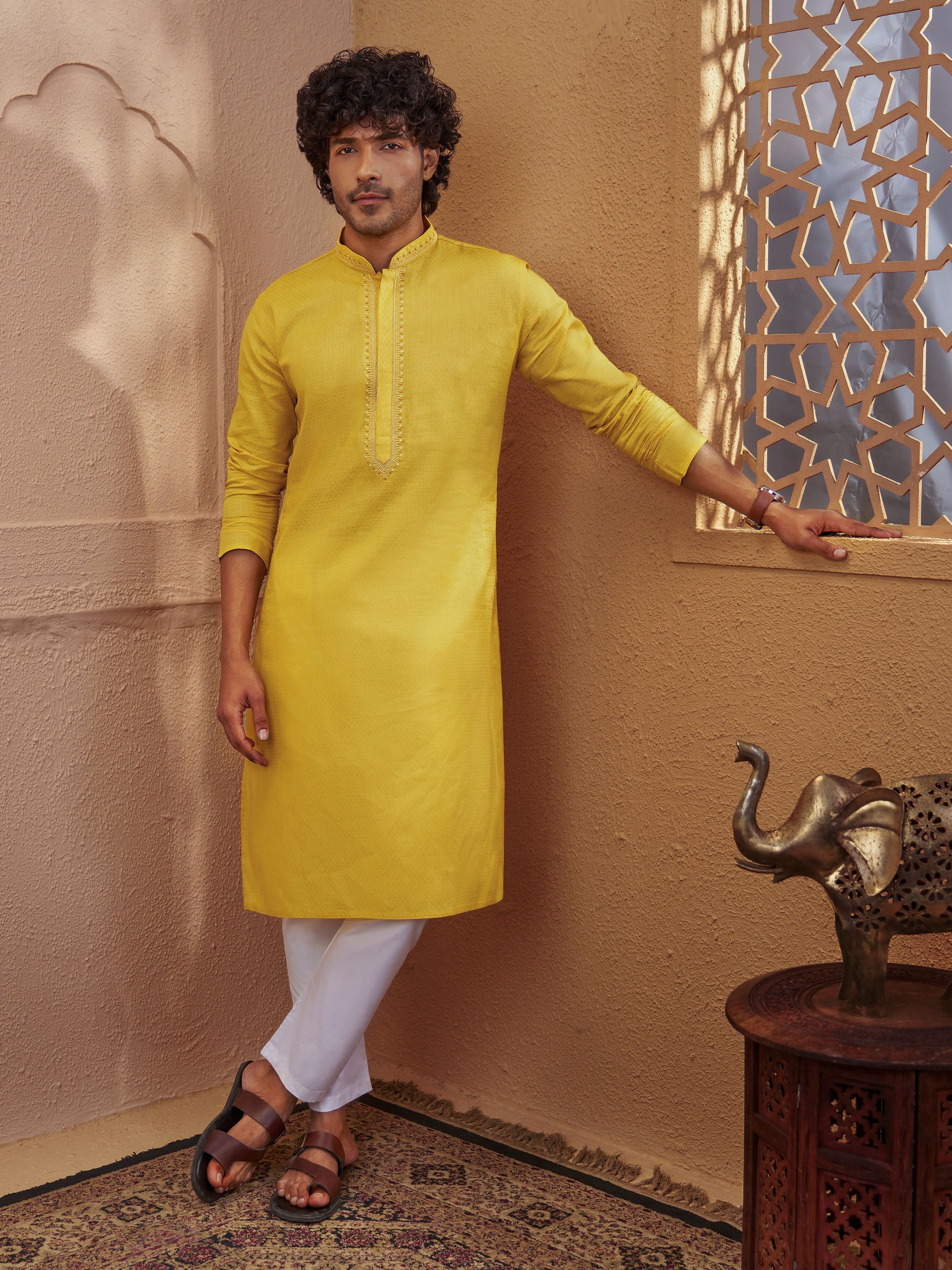 Yellow Cotton Blend Zari Embroidered Kurta Pyjama Set