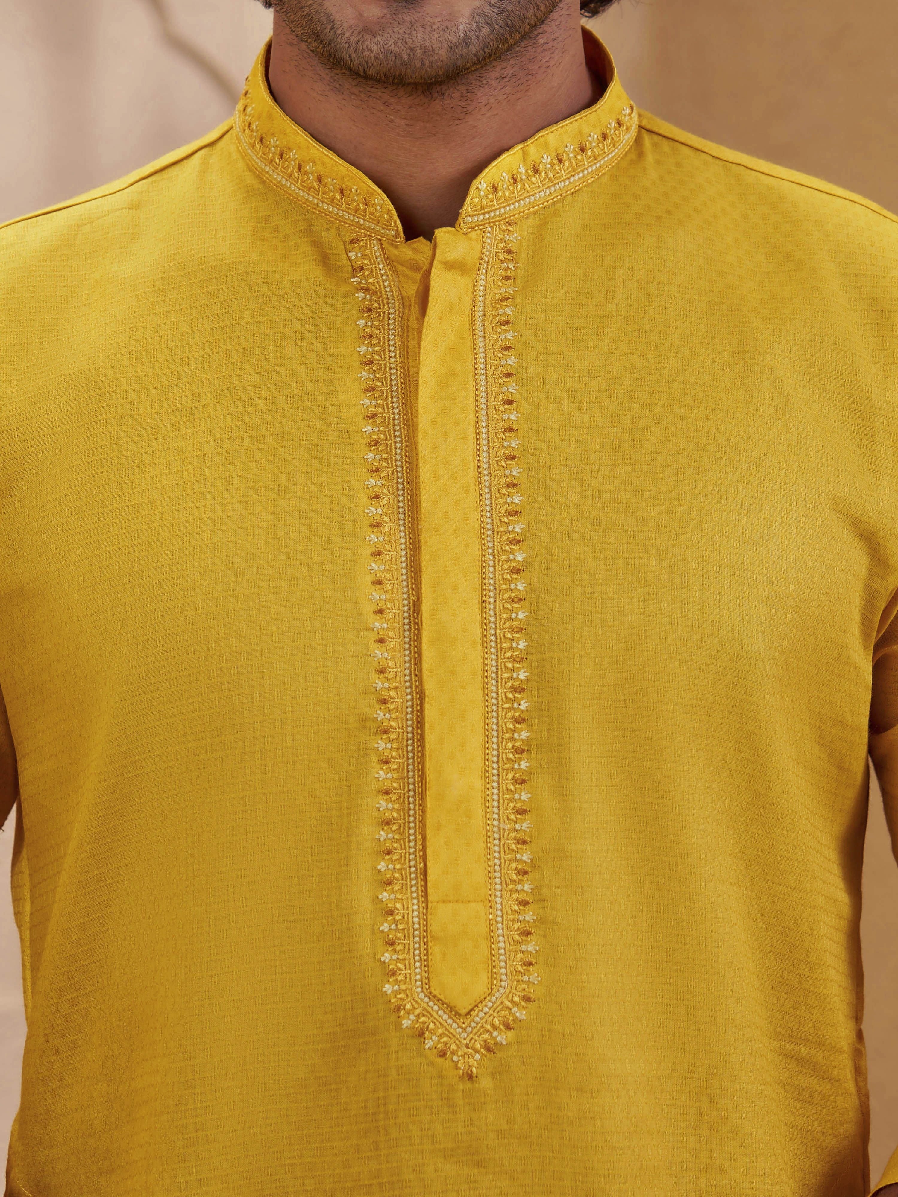 Men's Yellow Cotton-Blend Embroidered Thigh Length Kurta With Pyjama