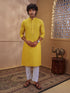 Men's Yellow Cotton-Blend Embroidered Thigh Length Kurta With Pyjama