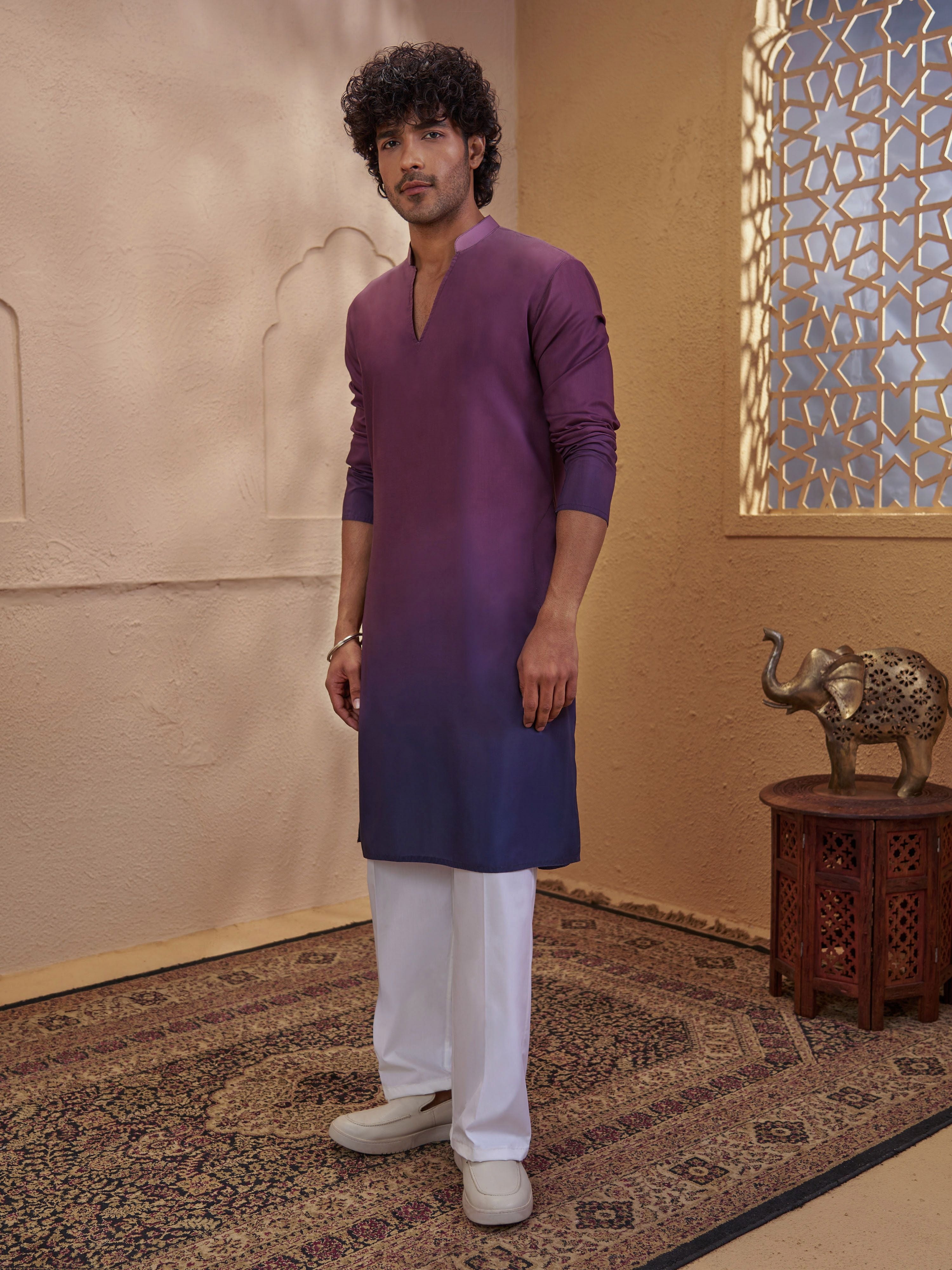Men's Purple Cotton Ombre Thigh Length Kurta With Wide Leg Pant