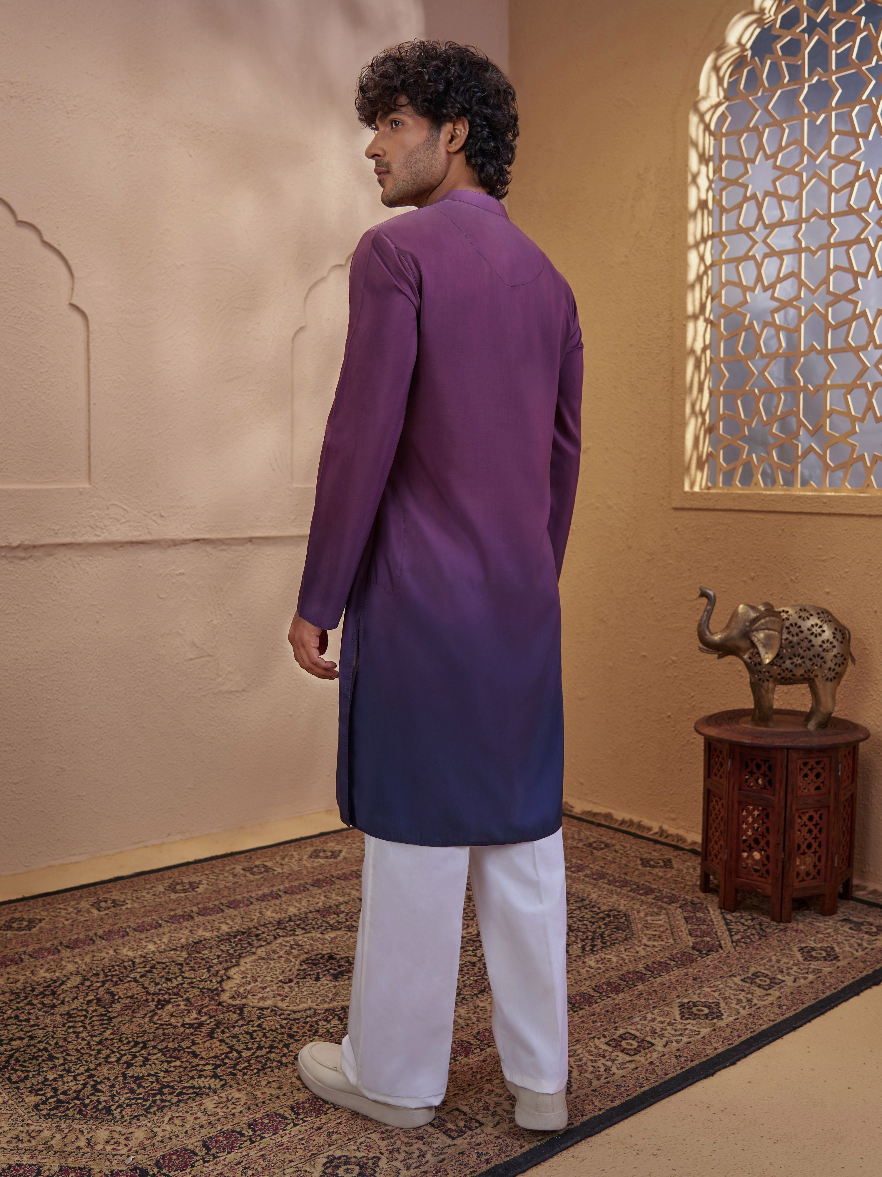 Men's Purple Cotton Ombre Thigh Length Kurta With Wide Leg Pant