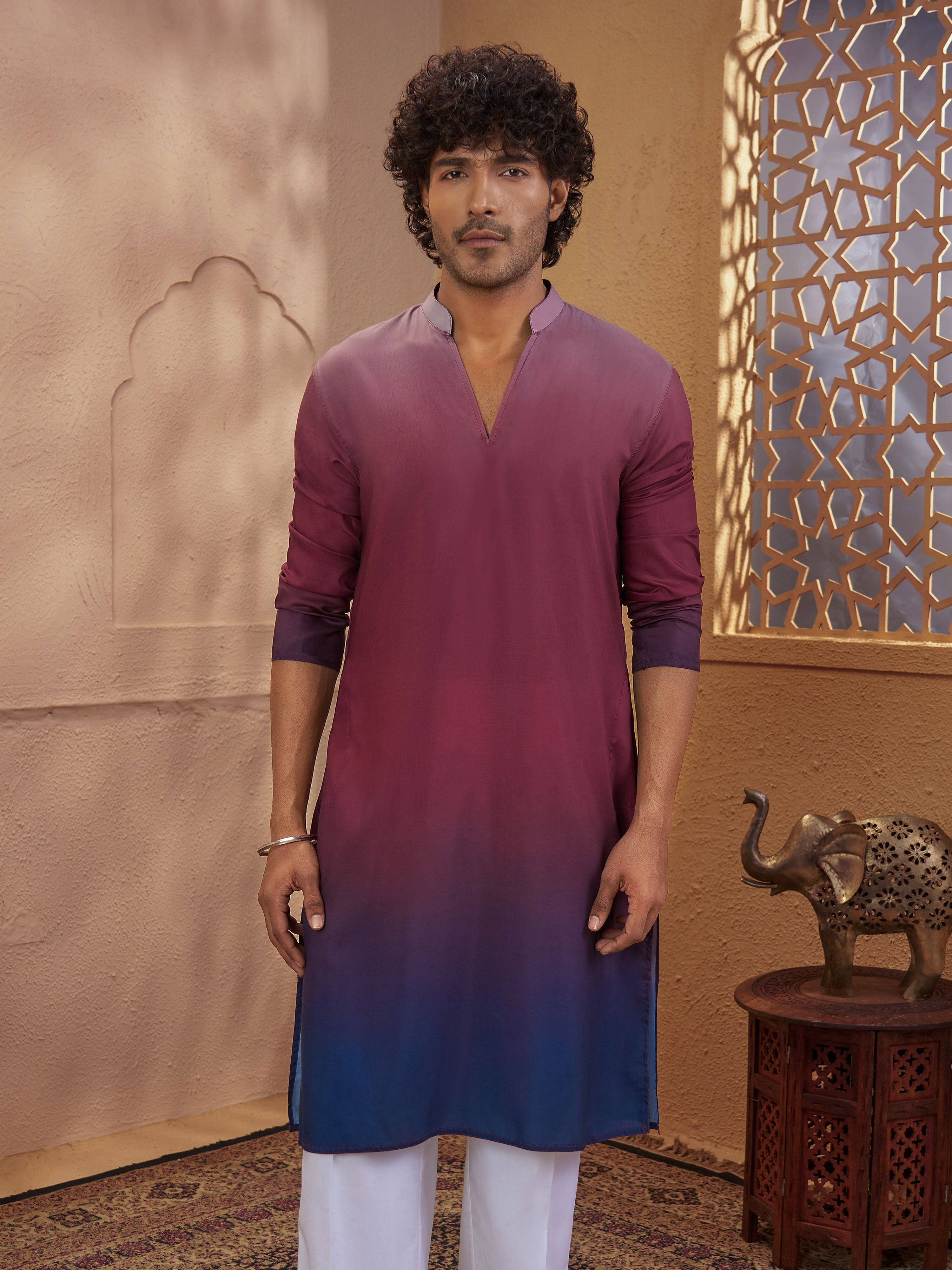 Men's Rust Woven Fabric Ombre Thigh Length Kurta