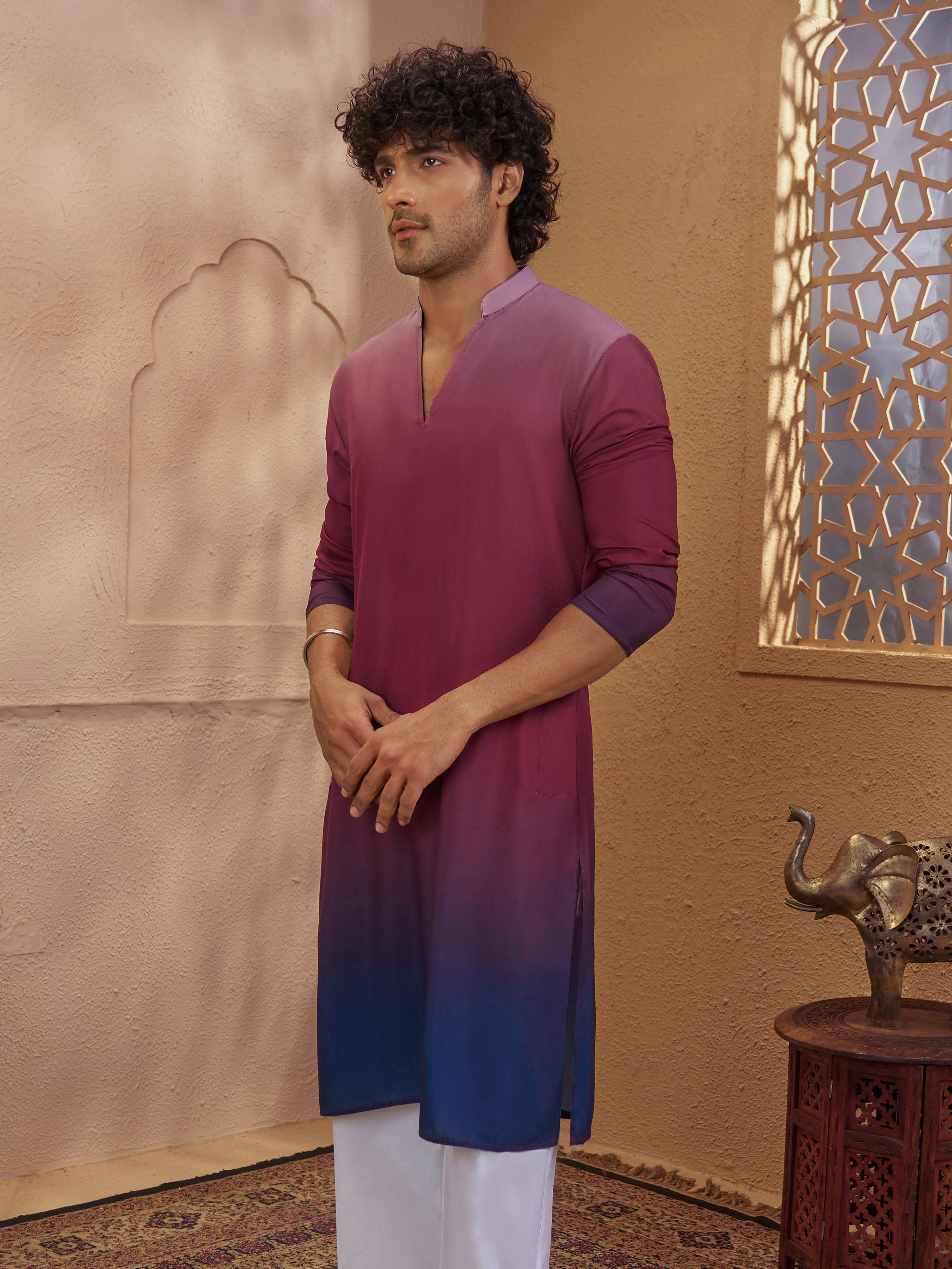 Men's Rust Woven Fabric Ombre Thigh Length Kurta