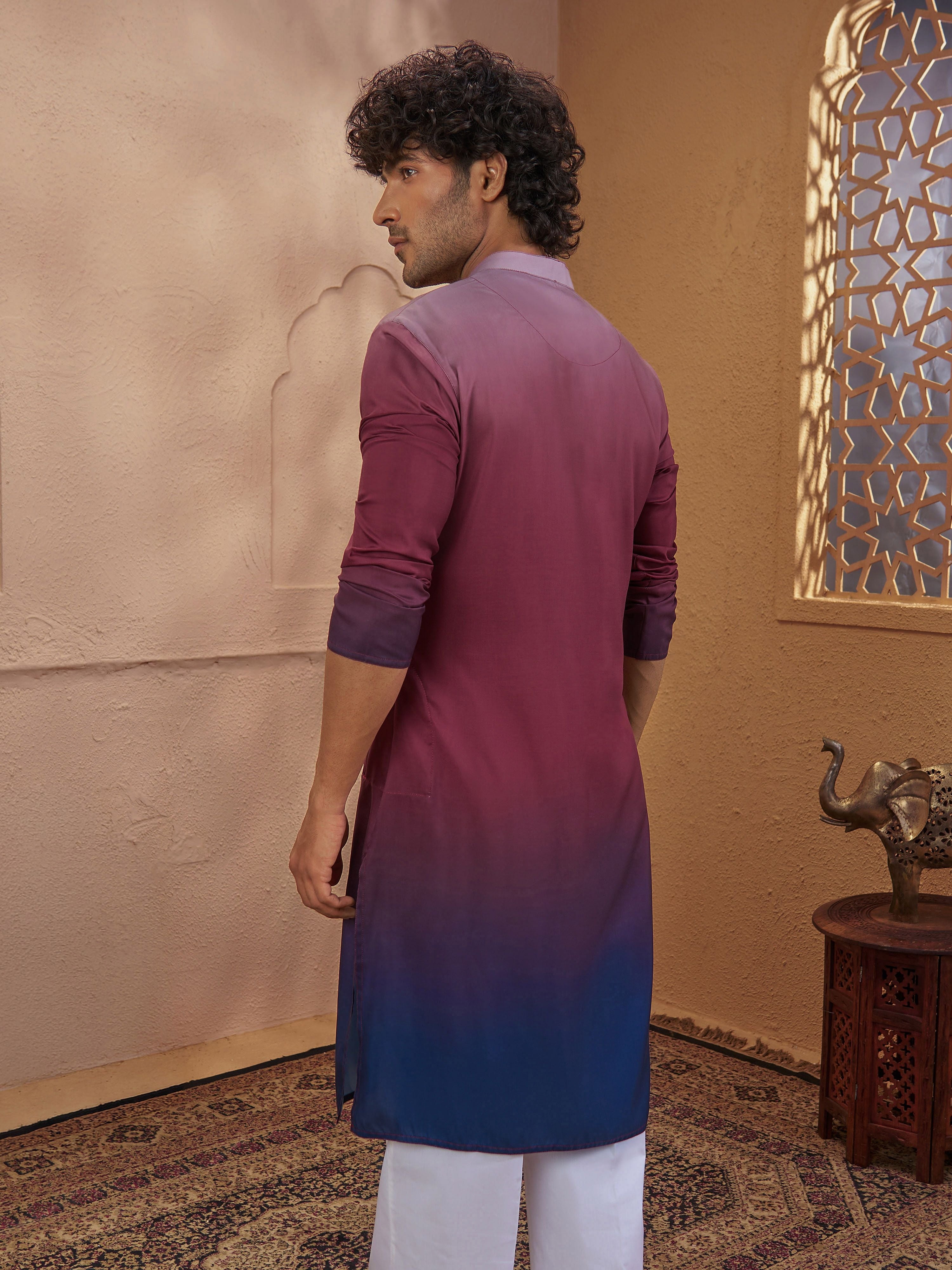 Men's Rust Woven Fabric Ombre Thigh Length Kurta