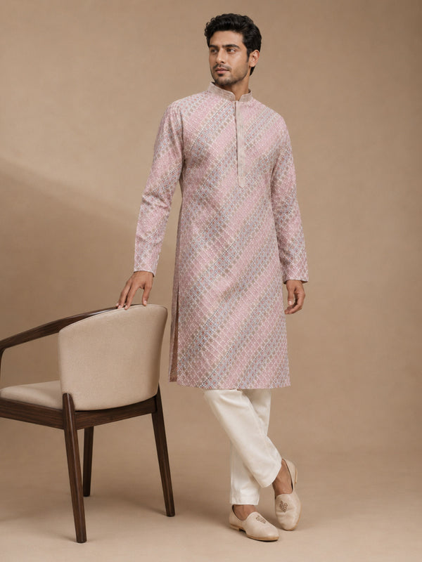 Men Pink Silk Blend Embroidered Kurta Pyjama Set