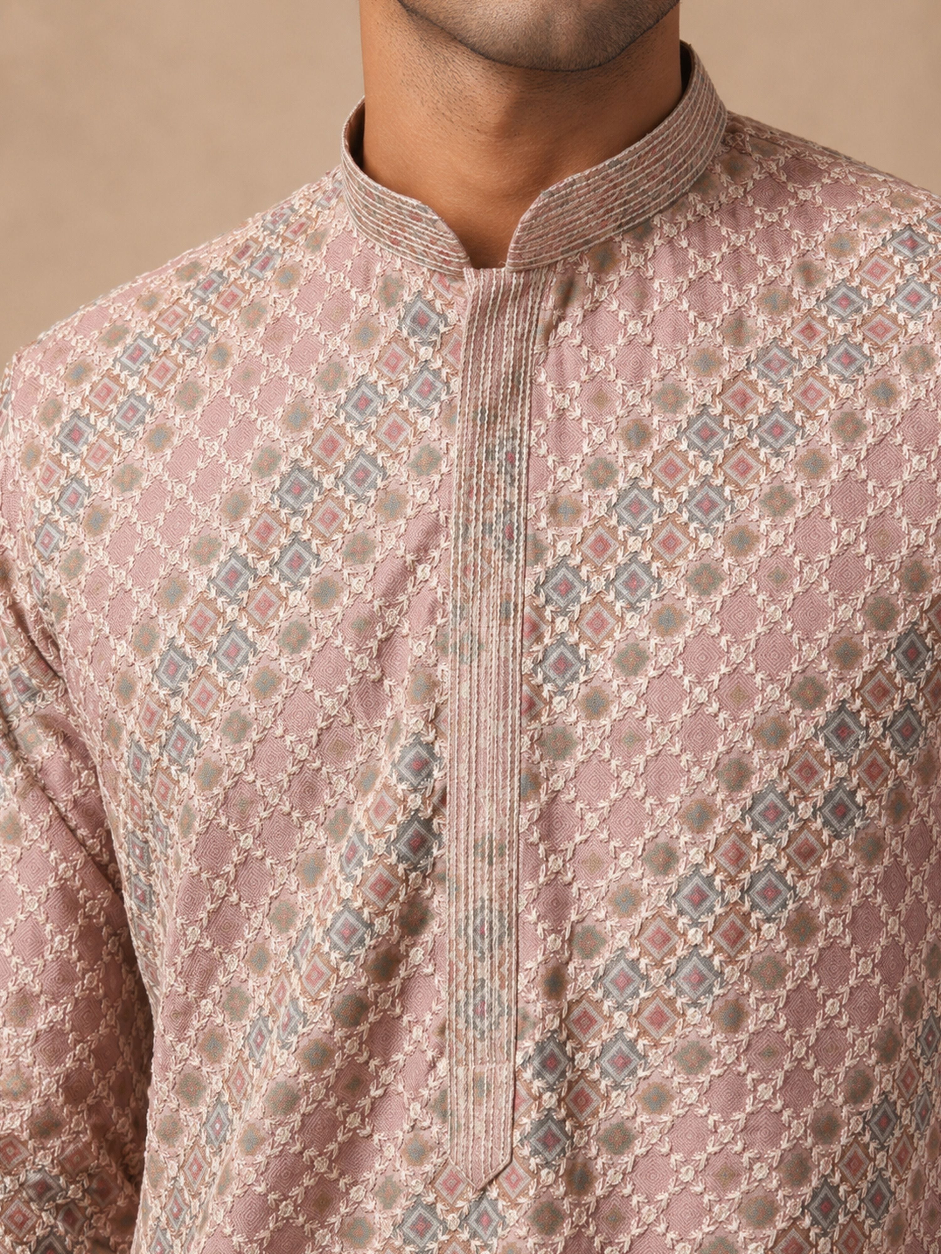 Men's Pink Silk-Blend Embroidered Knee Length Kurta With Pyjama