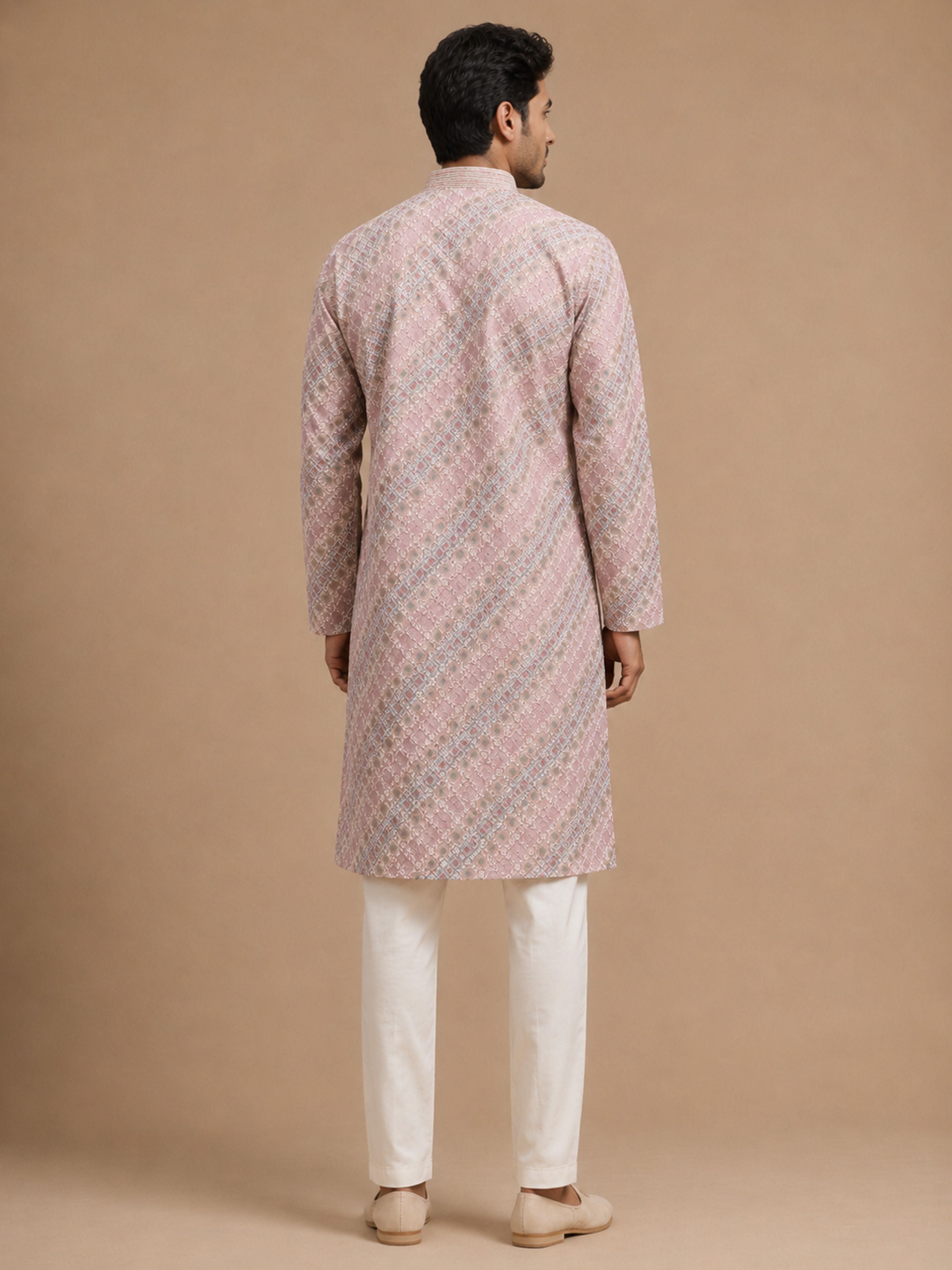 Men's Pink Silk-Blend Embroidered Knee Length Kurta With Pyjama