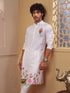 Men Baby Pink Floral Print Mandarin Collar Straight Kurta