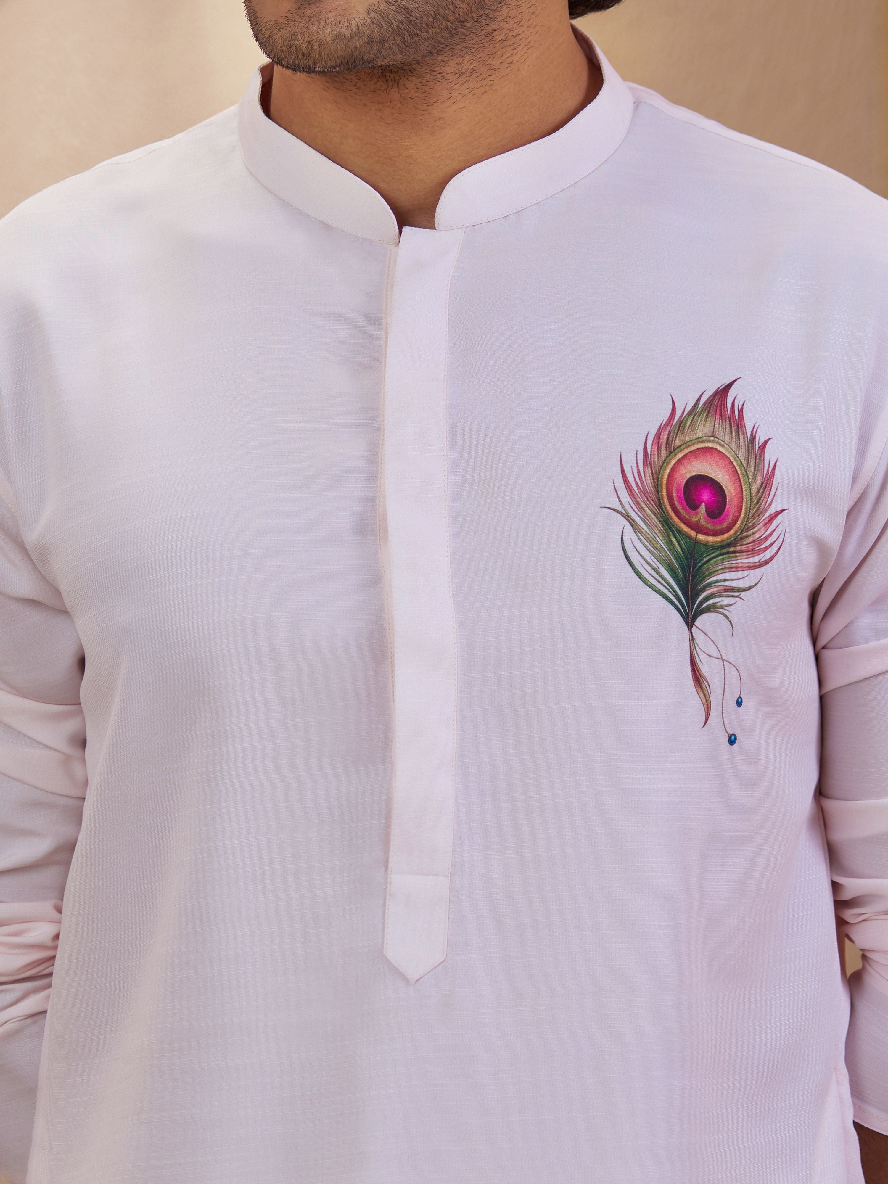 Men's Light Pink Woven Fabric Floral Print Thigh Length Kurta
