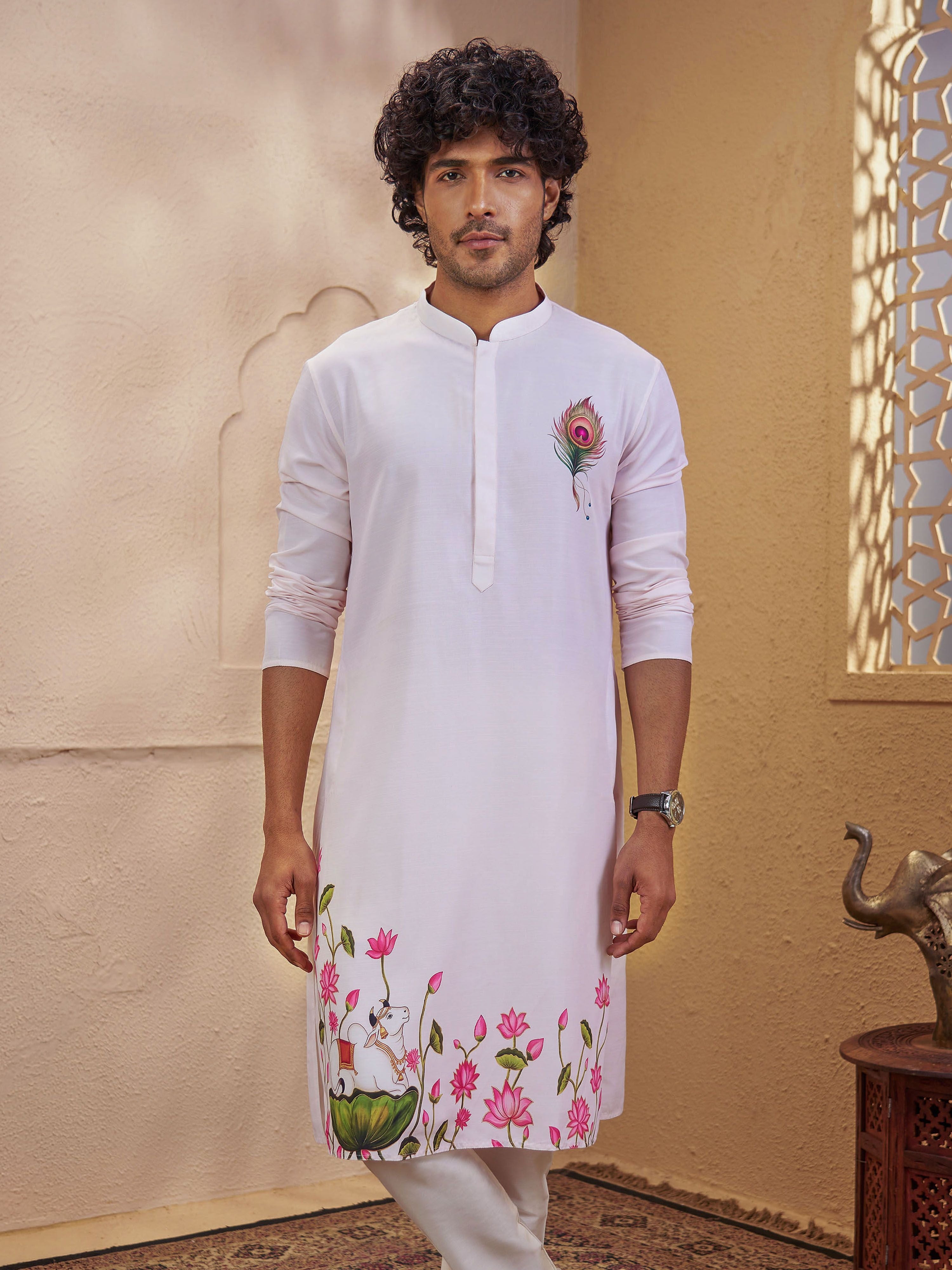 Men's Light Pink Woven Fabric Floral Print Thigh Length Kurta
