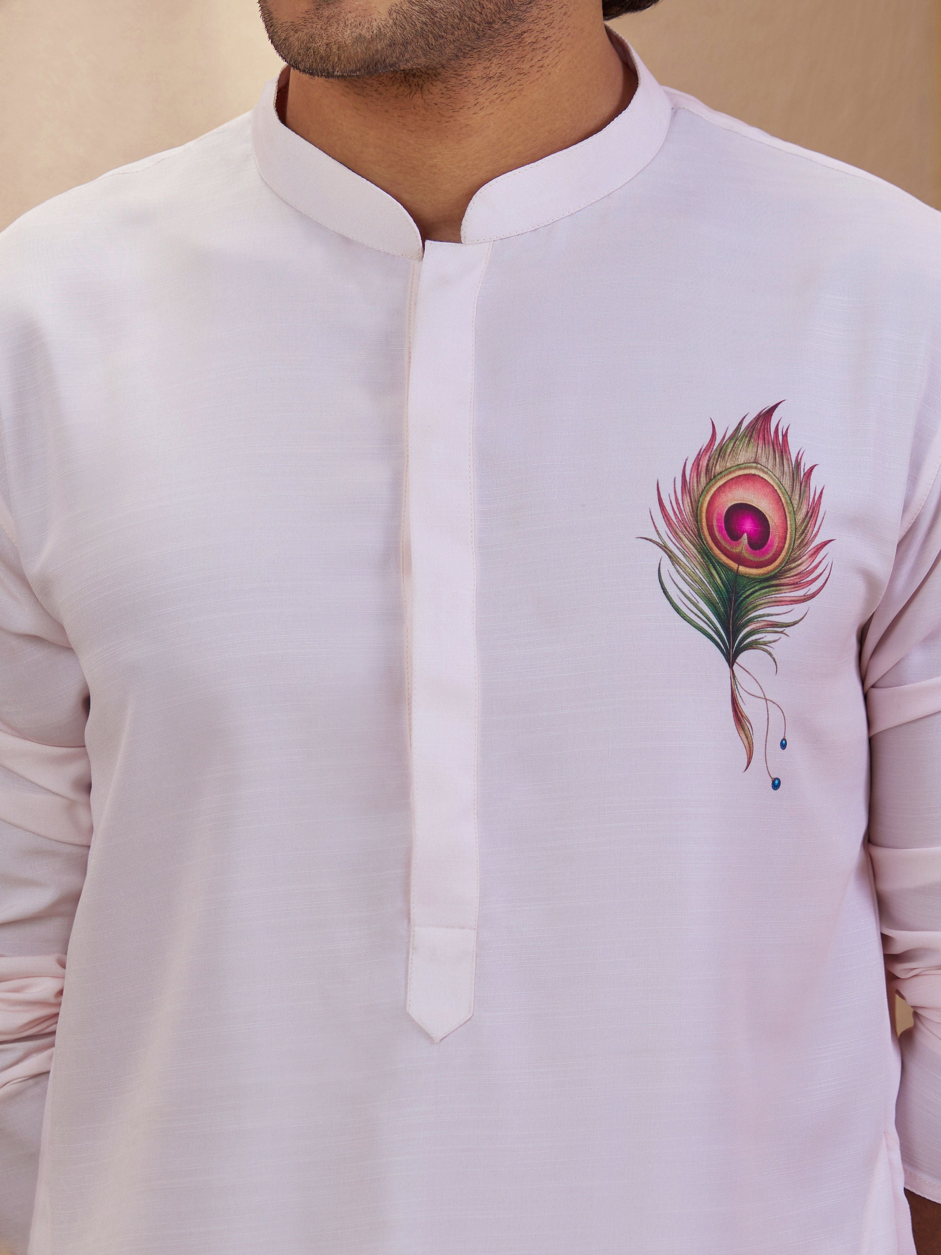Men's Light Pink Viscose Printed Thigh Length Kurta With Pyjama