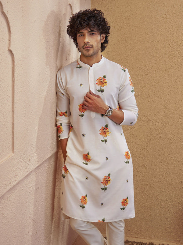 Men Light Yellow Floral Print Mandarin Collar Kurta
