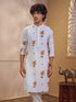 Men's Light Yellow Woven Fabric Floral Print Thigh Length Kurta