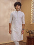 Men's Cream Woven Fabric Floral Print Thigh Length Kurta