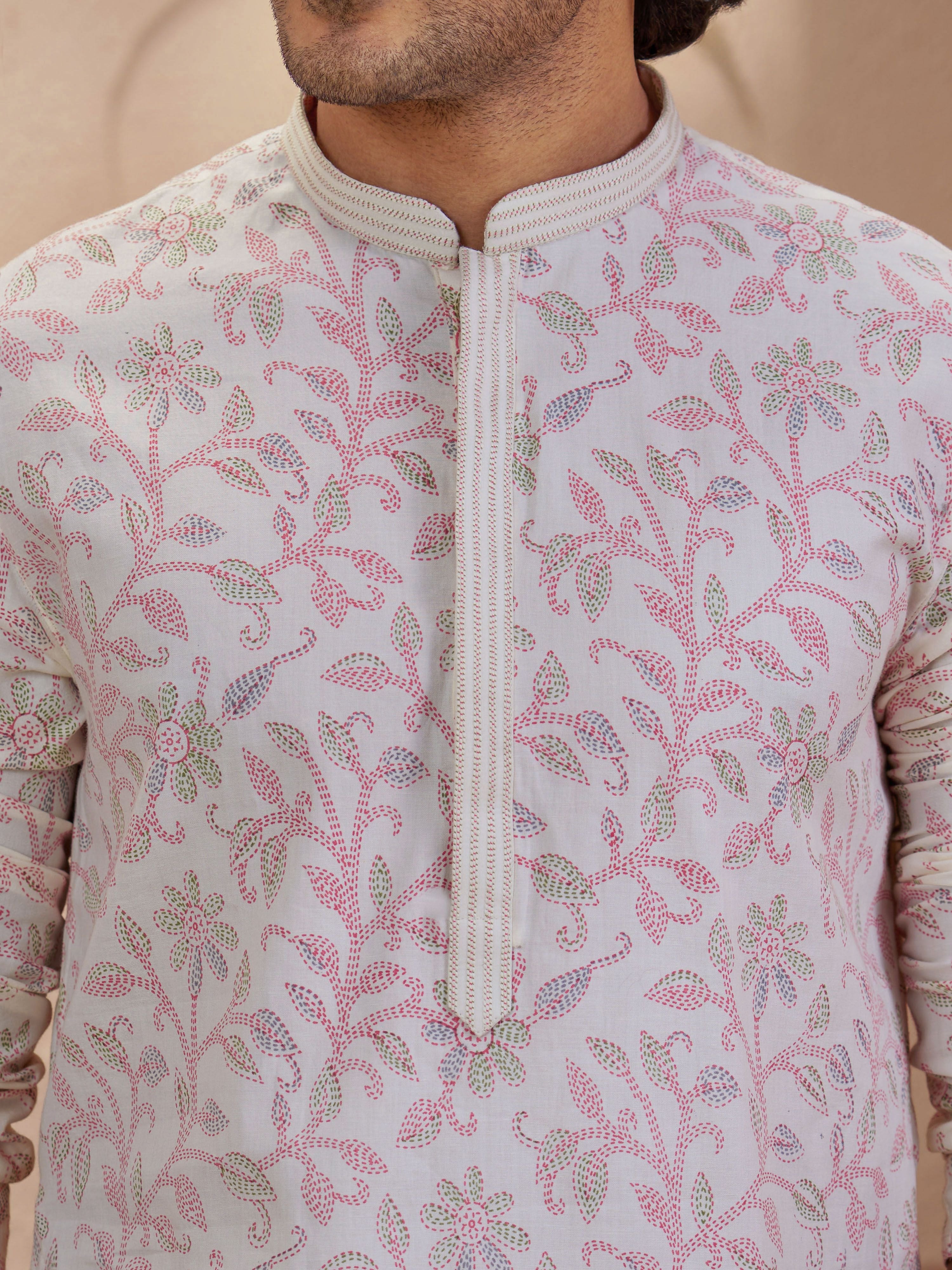 Men's Cream Viscose Floral Print Thigh Length Kurta With Pyjama