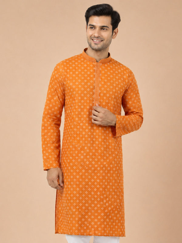 Men Orange Cotton Geometric Printed Kurta with Thread Work