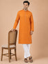 Men's Orange Cotton Embroidered Knee Length Kurta