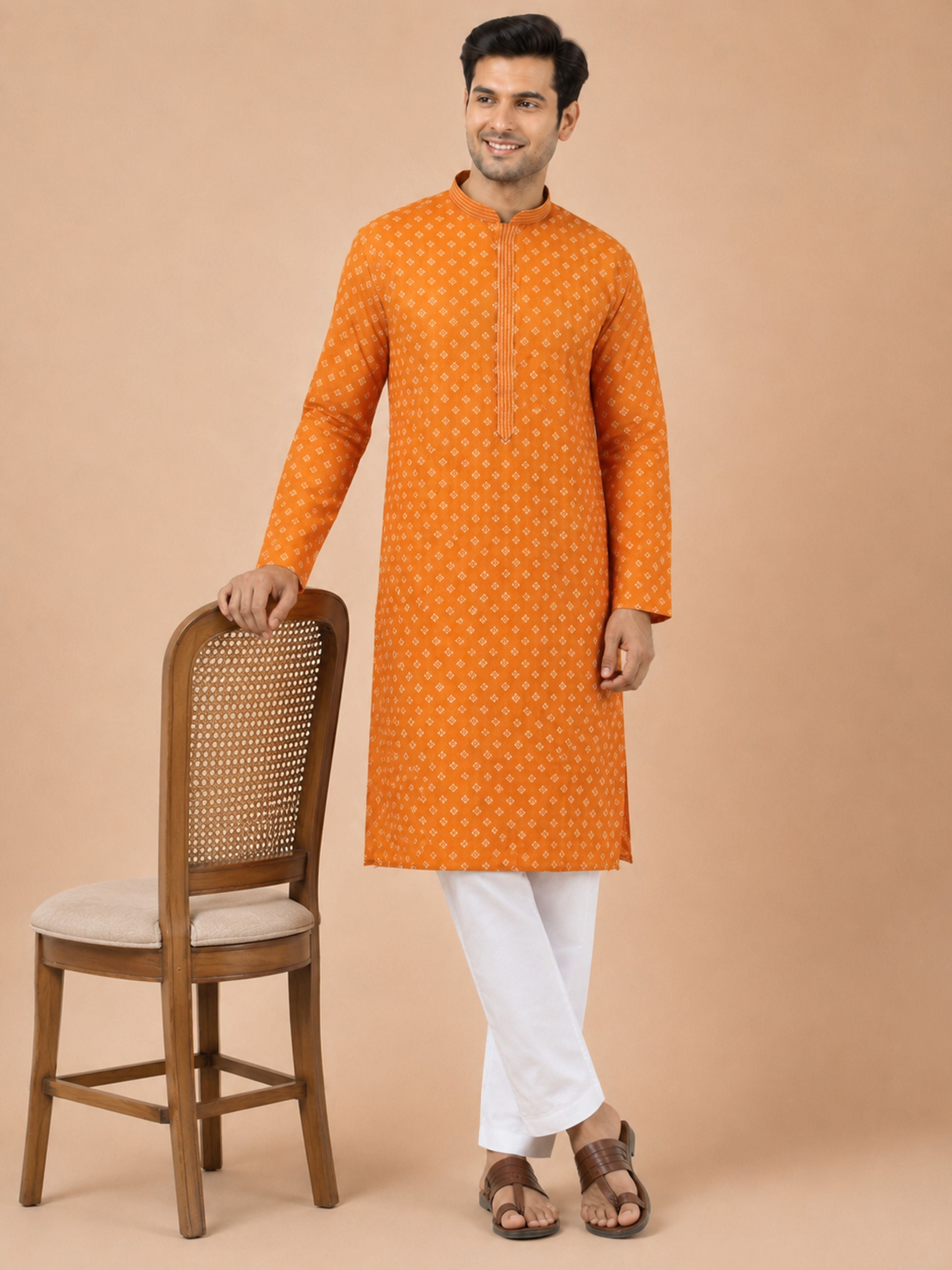 Orange Cotton Embroidered Kurta Pyjama Set for Men