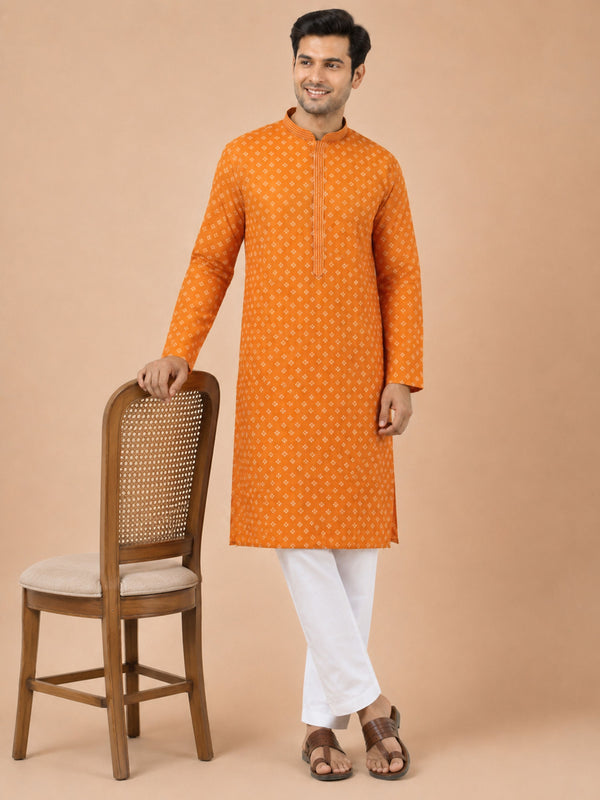 Orange Cotton Embroidered Kurta Pyjama Set for Men