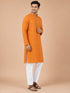Men's Orange Cotton Embroidered Knee Length Kurta With Pyjama