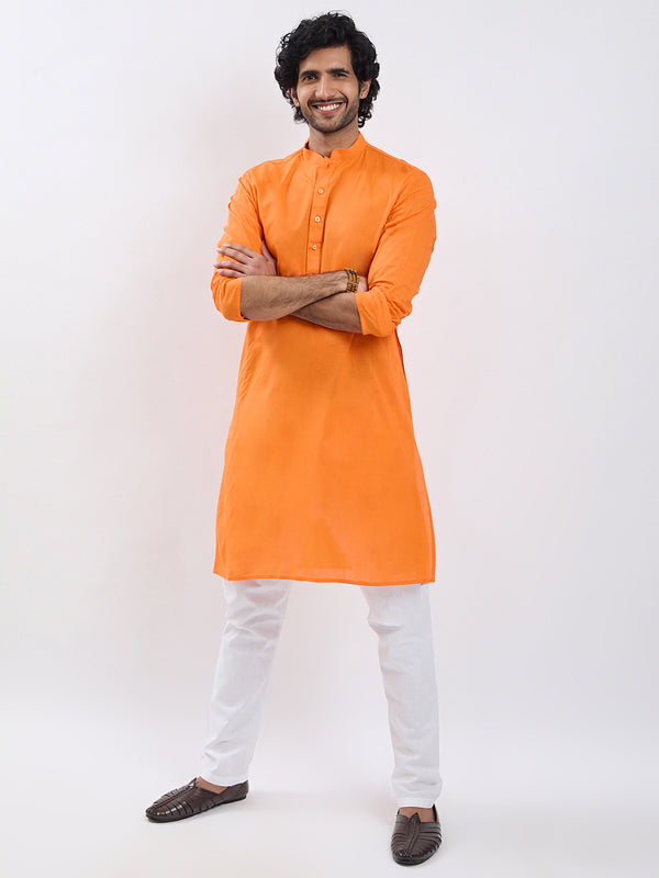 Men's Orange Cotton Kurta And Pyjama Set