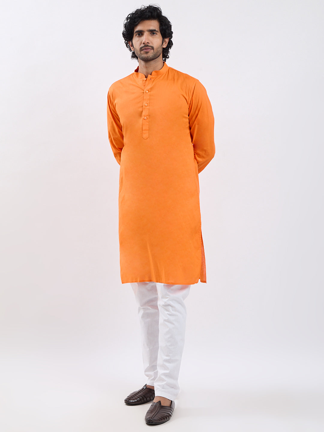Men's Orange Cotton Kurta And Pyjama Set