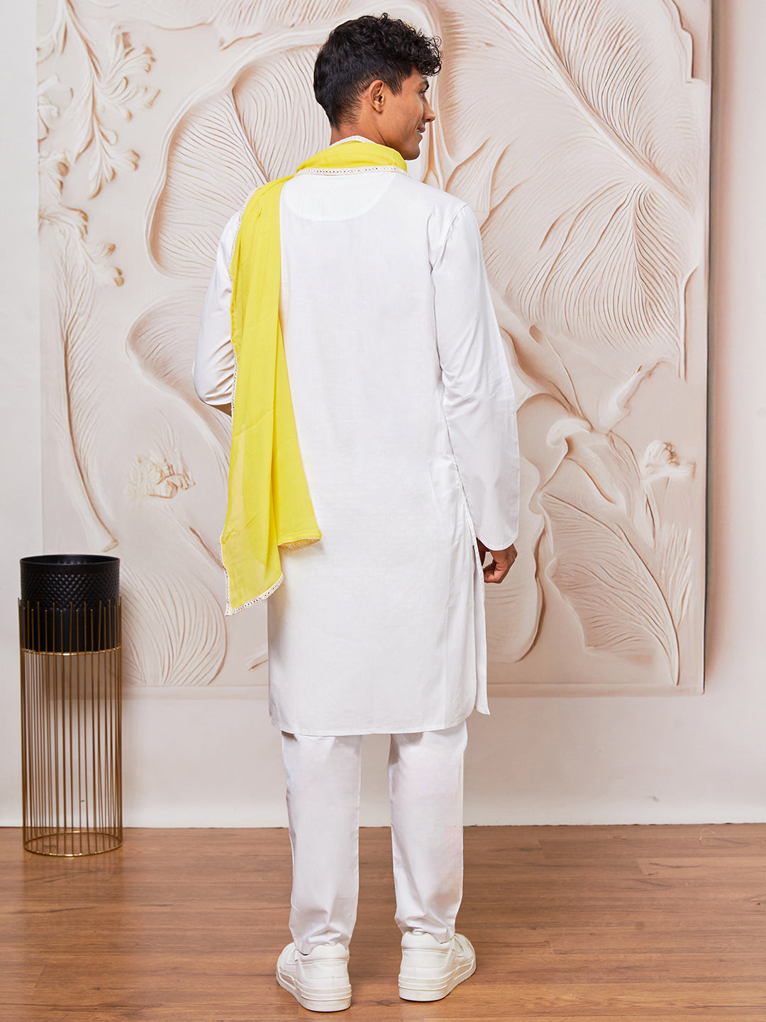 Men's White Cotton Kurta,Pyjama And Dupatta Set