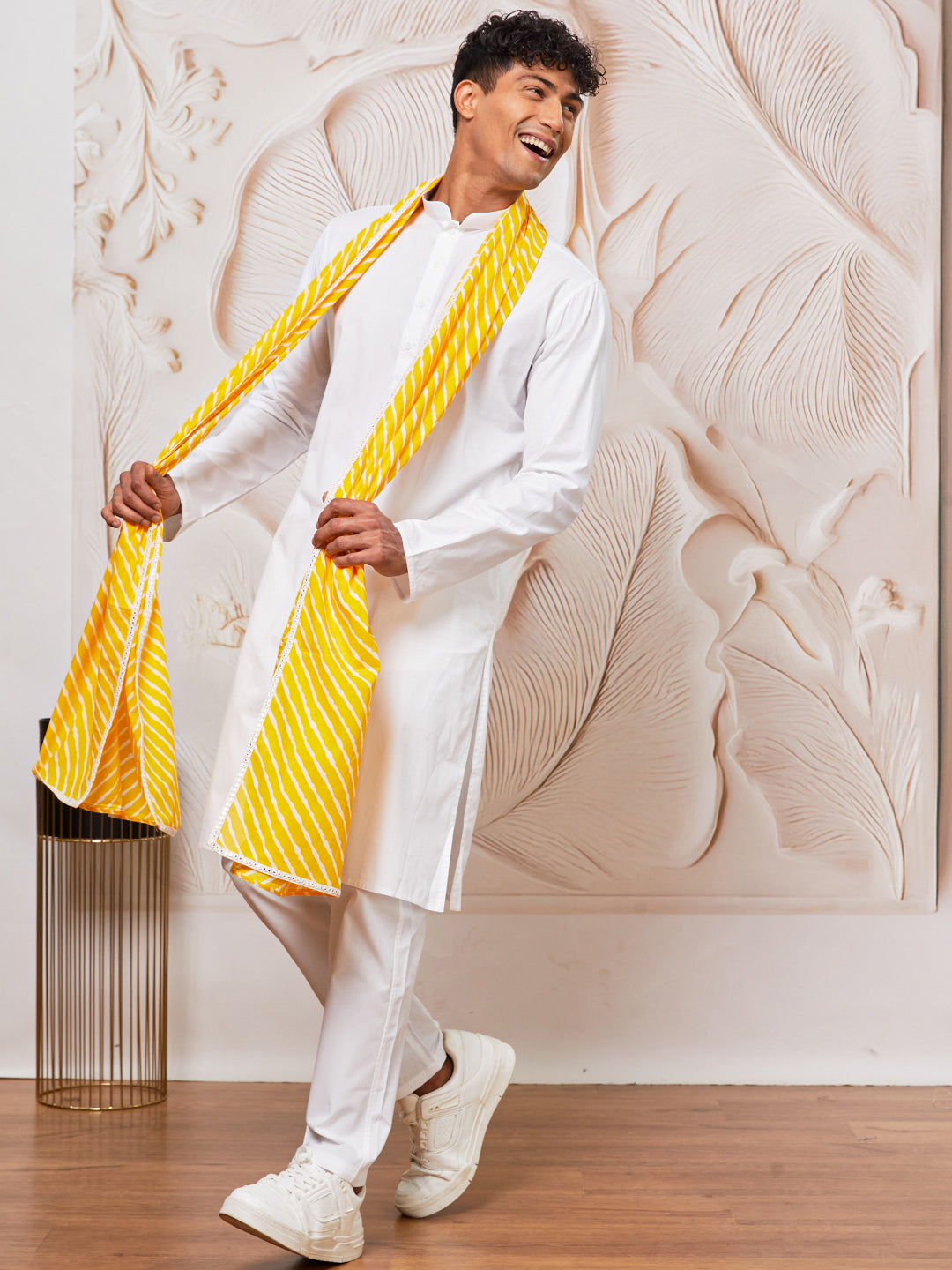 Men's White Cotton Kurta,Pyjama And Dupatta Set