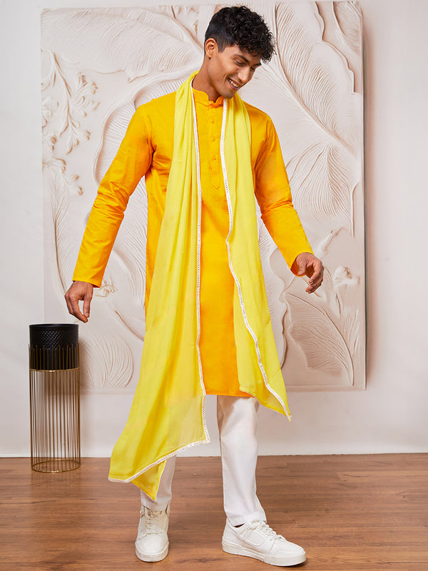 Men's Yellow Cotton Kurta,Pyjama And Dupatta Set