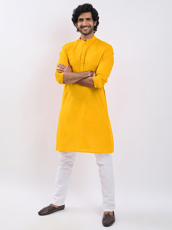 Men's Yellow Cotton Kurta And Pyjama Set