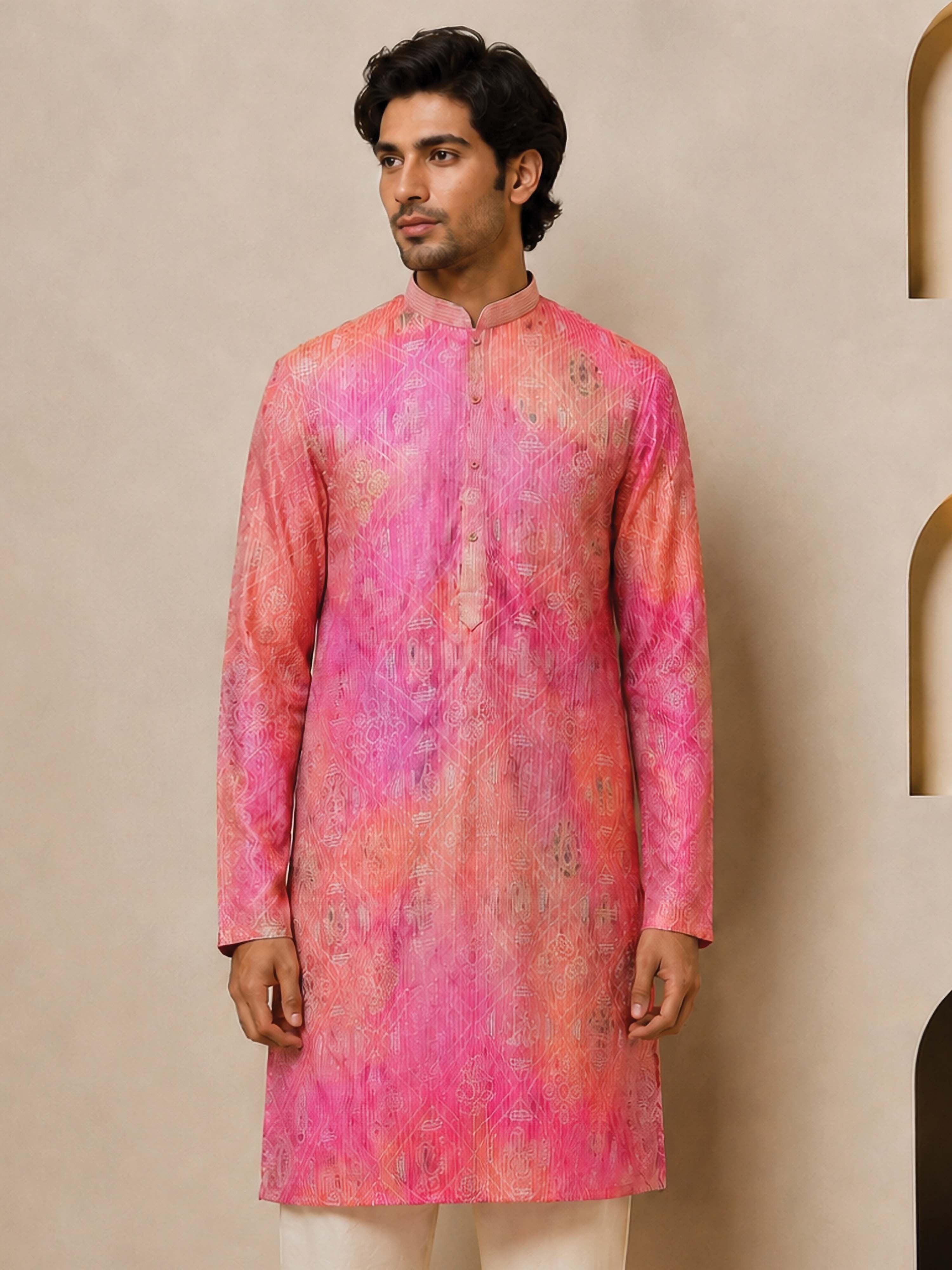 Men Peach Bandhani Print Kurta with Mandarin Collar