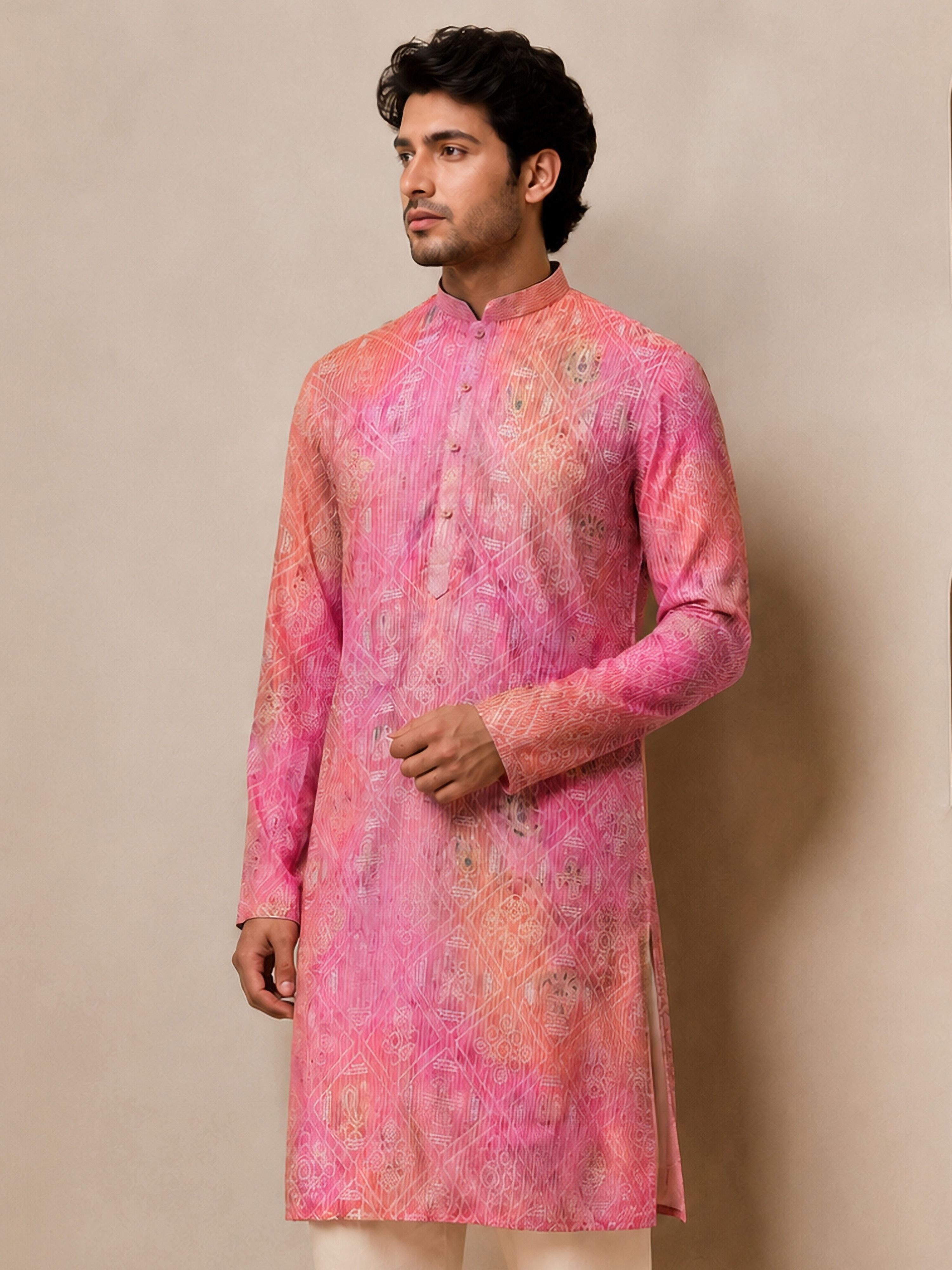 Men's Peach Woven Fabric Bandhni Thigh Length Kurta