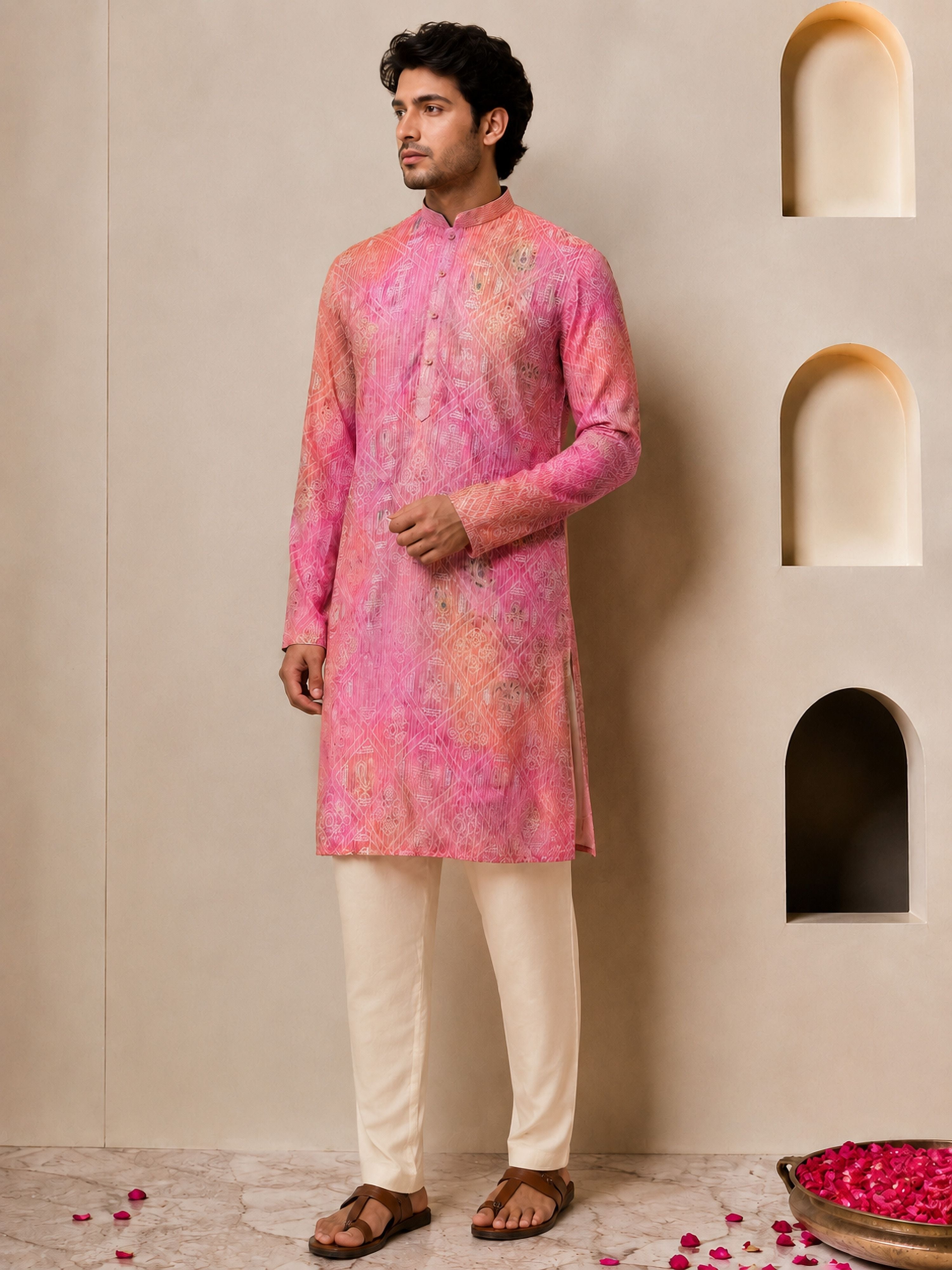 Men's Peach Viscose Bandhni Thigh Length Kurta With Pyjama