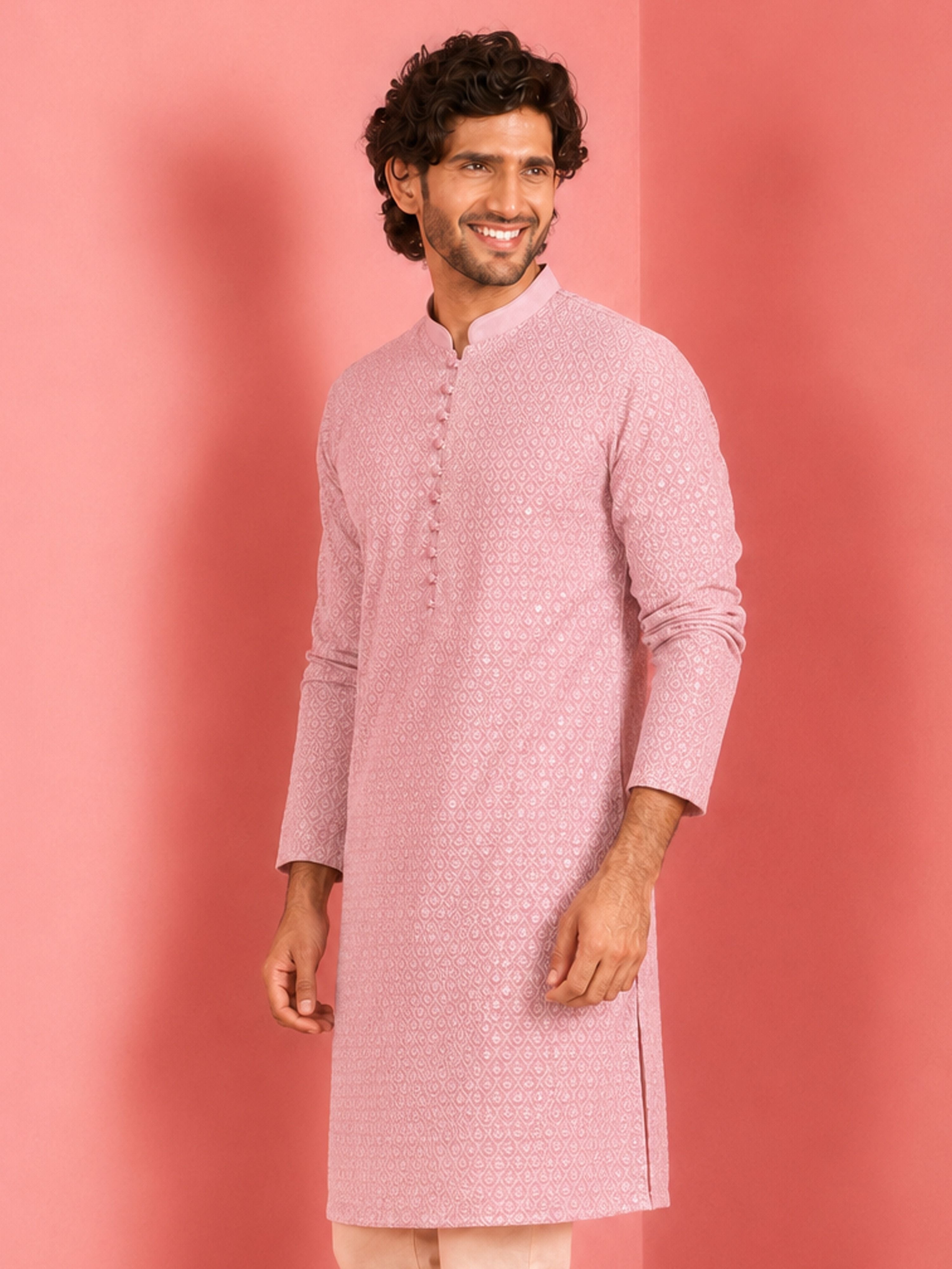 Men's Light Pink Jacquard+ Self Design Thigh Length Kurta