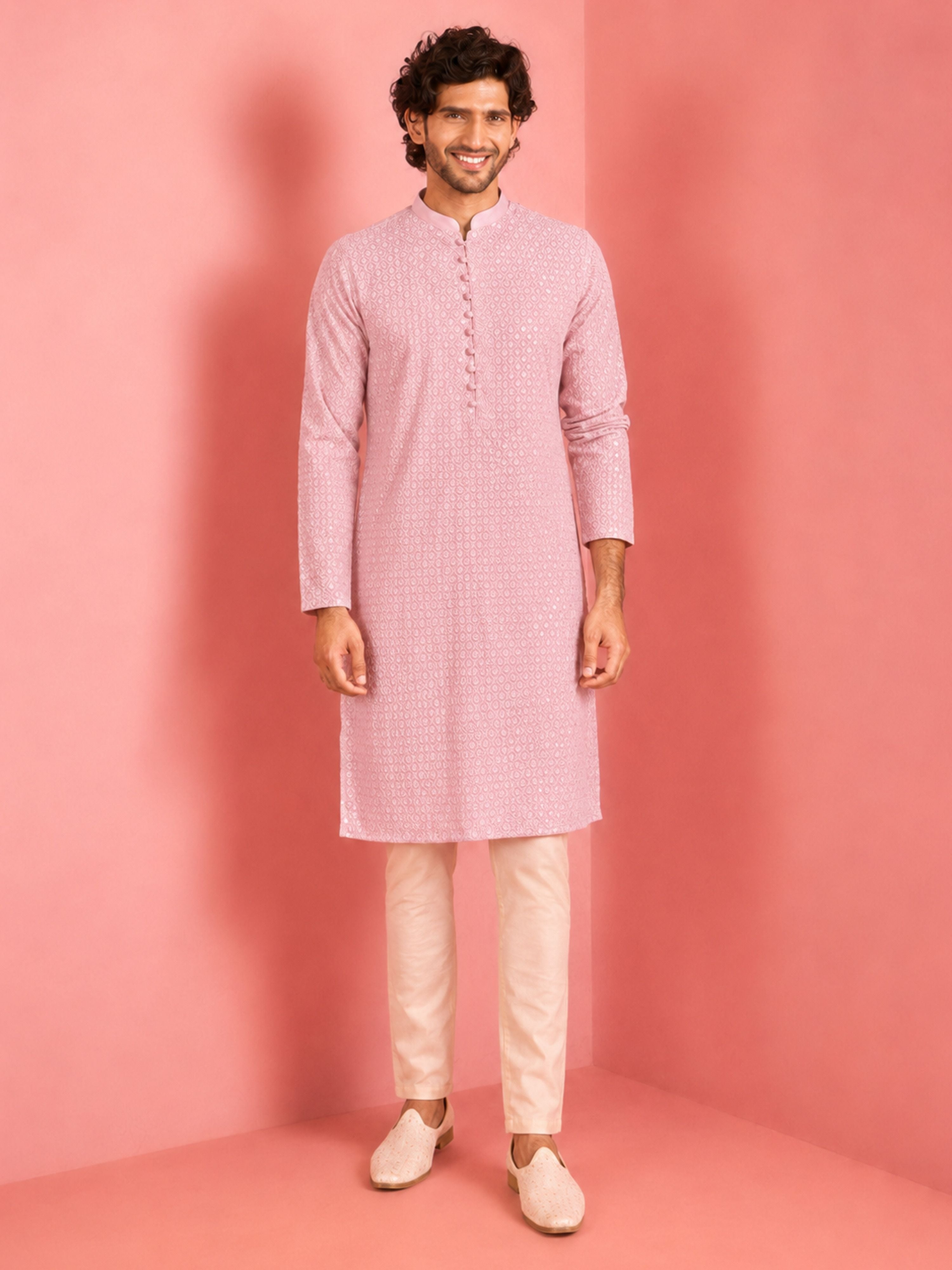 Men's Pink Viscose Embroidered Thigh Length Kurta With Pyjama