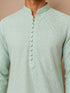 Men's Mint Jacquard+ Embroidered Thigh Length Kurta