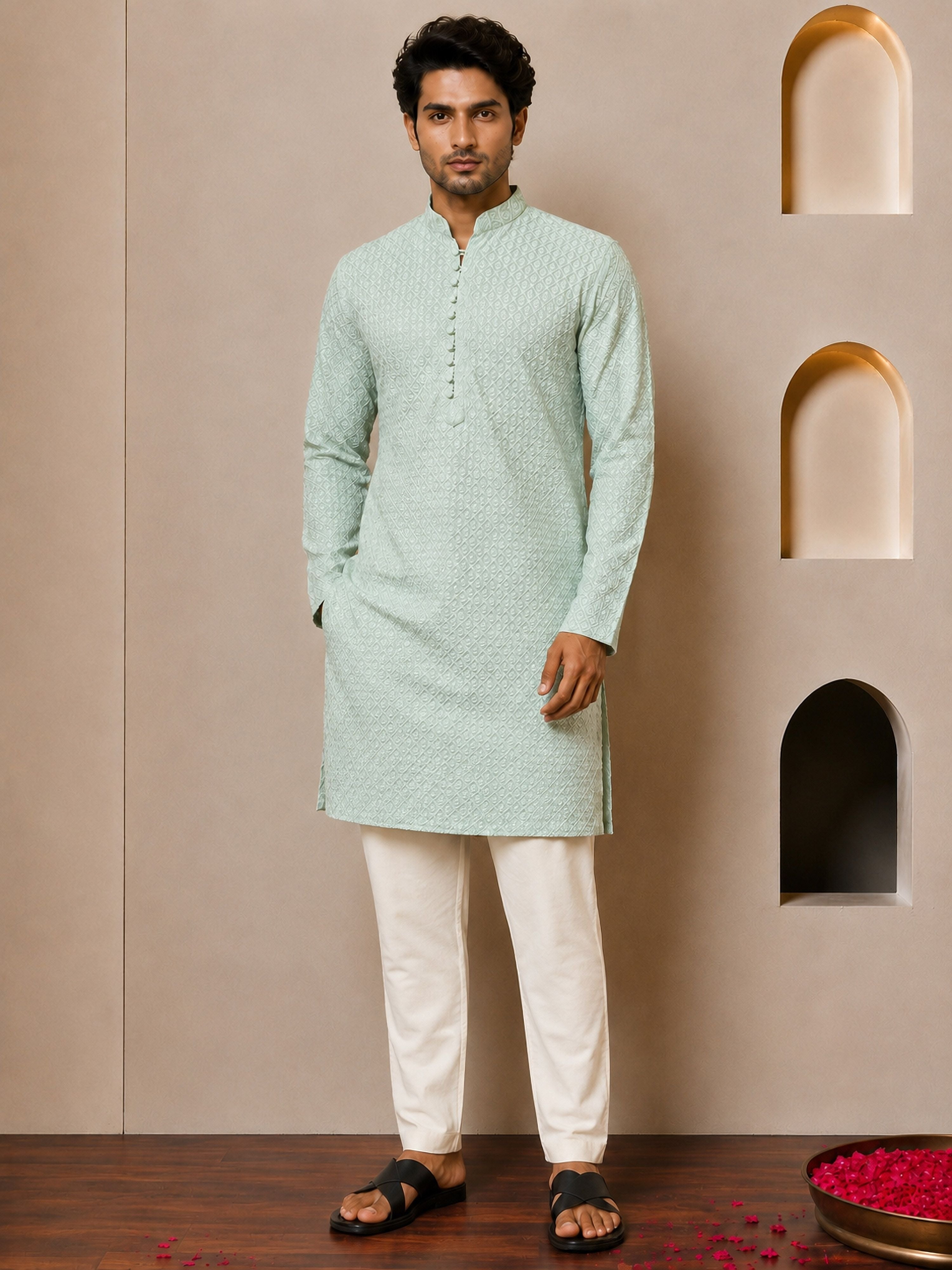 Men's Mint Viscose Embroidered Thigh Length Kurta With Pyjama