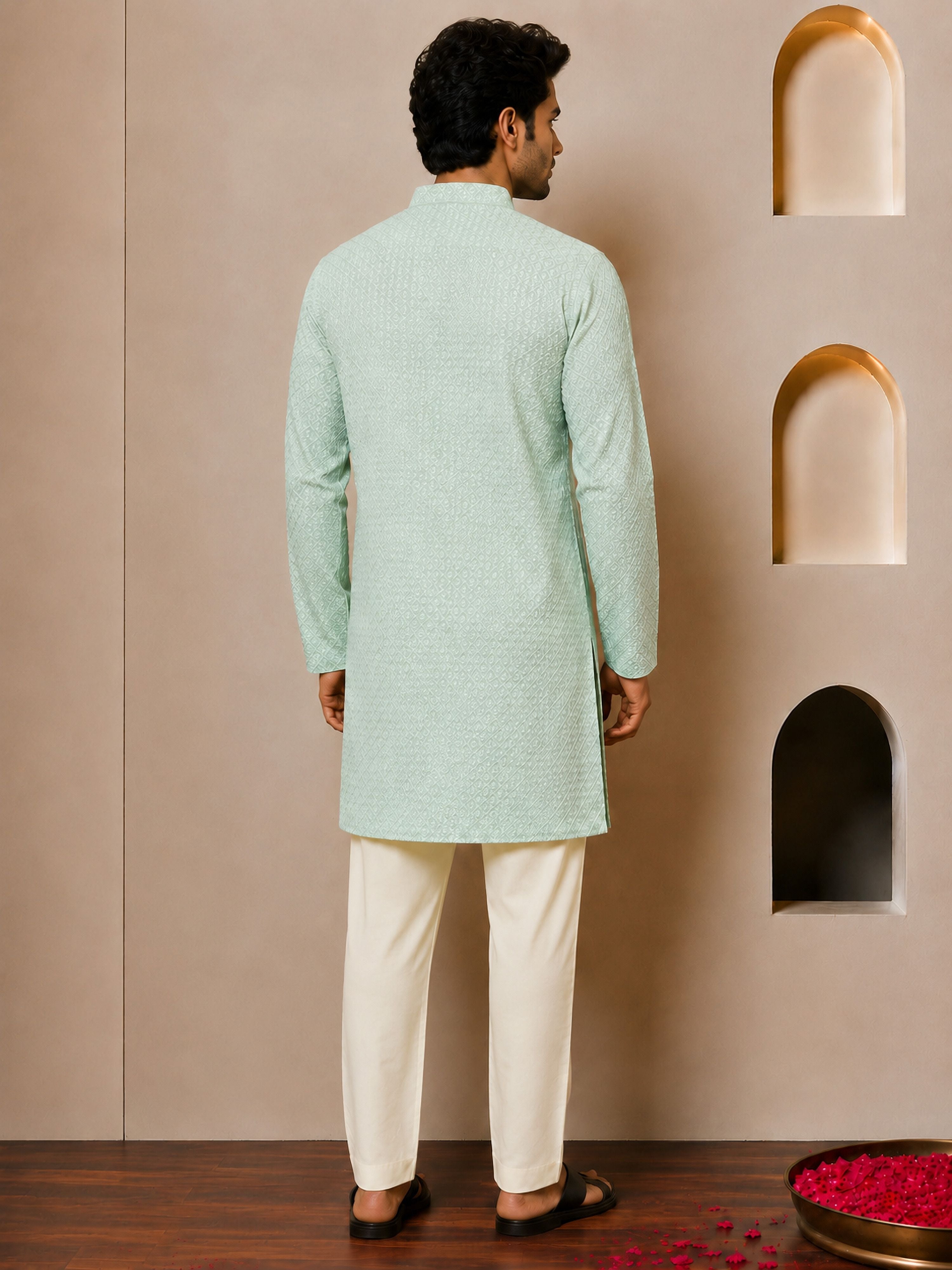 Men's Mint Viscose Embroidered Thigh Length Kurta With Pyjama
