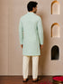 Men's Mint Viscose Embroidered Thigh Length Kurta With Pyjama