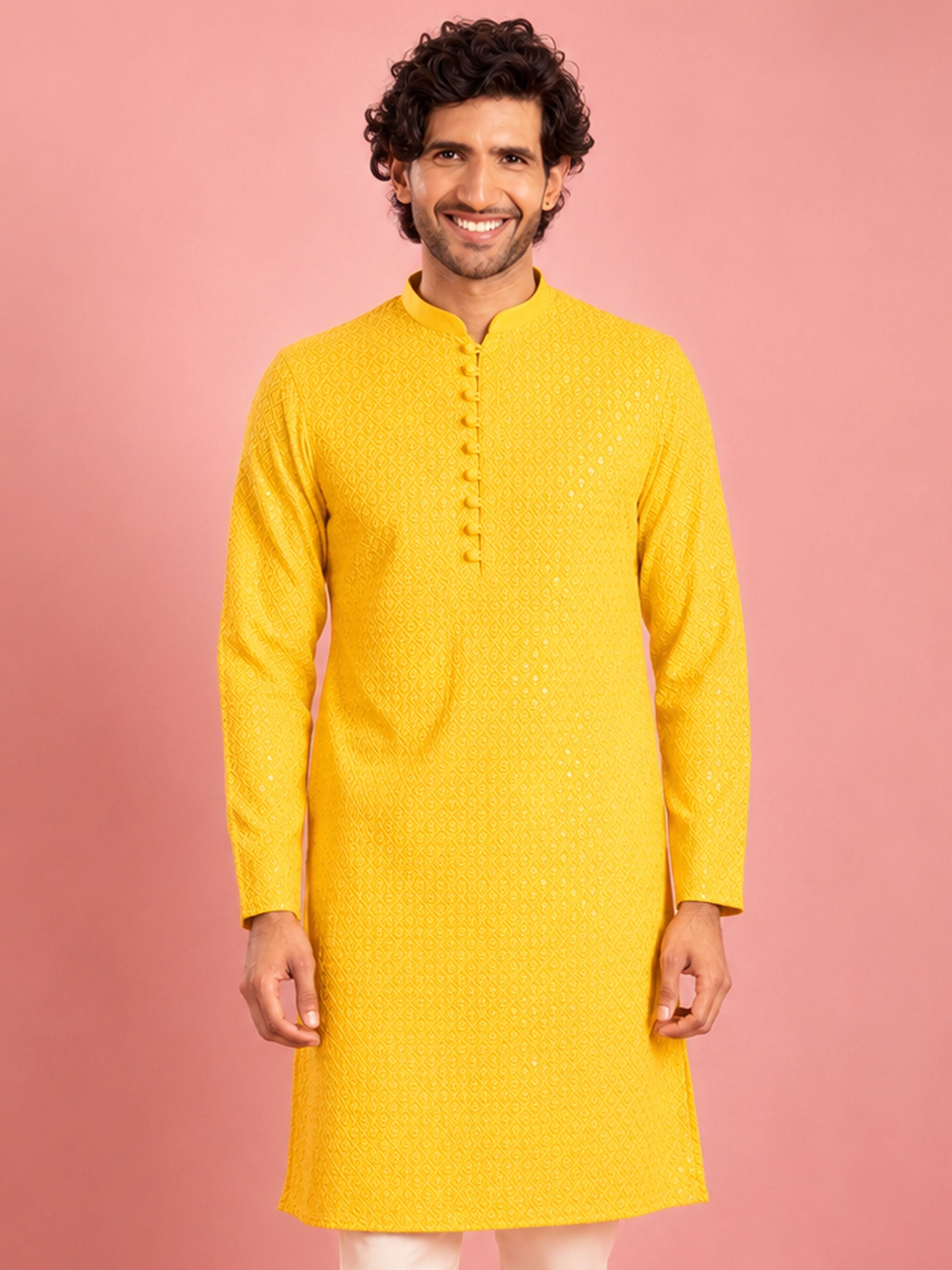 Men Yellow Jacquard Embroidered Kurta with Mandarin Collar