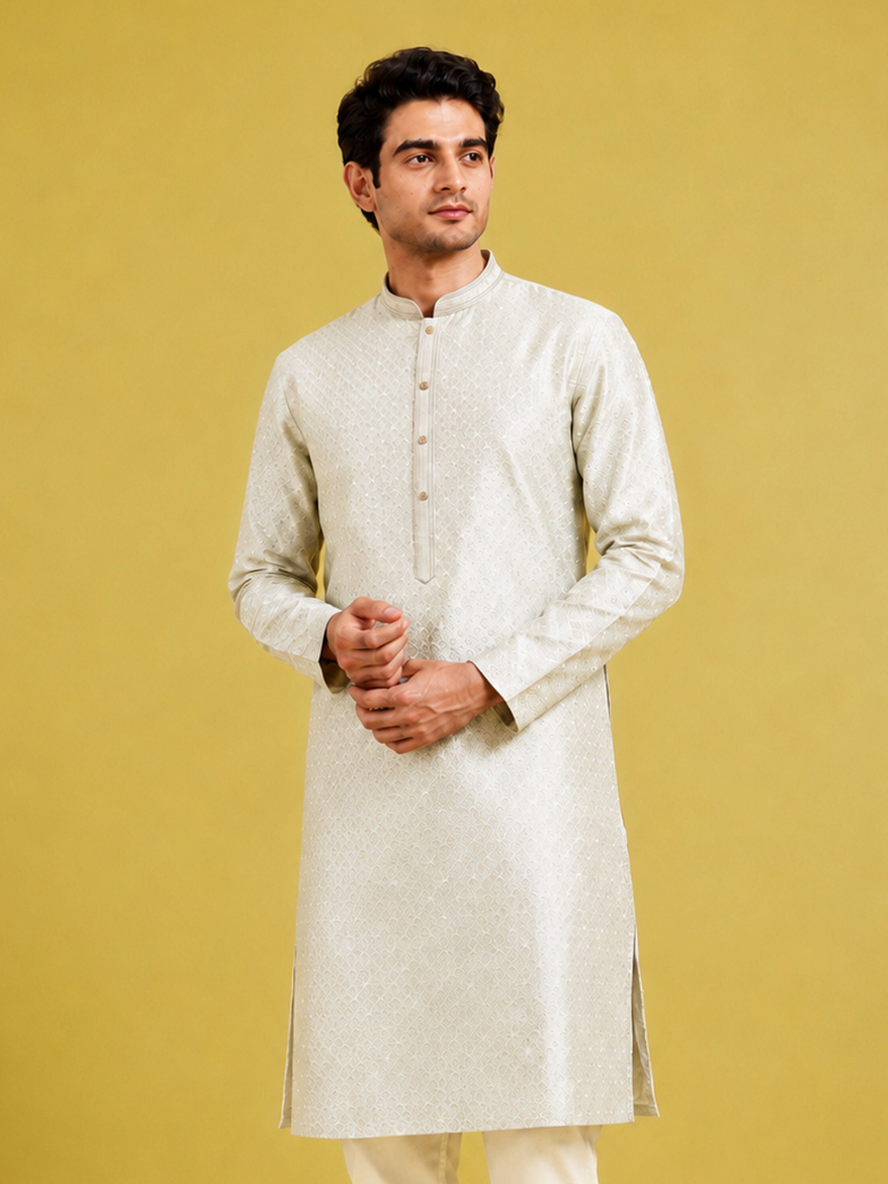 Men Cream Silk Blend Kurta Navratri, Diwali, Wedding, Festive, Party, Festive Glitz Ethnic Wear