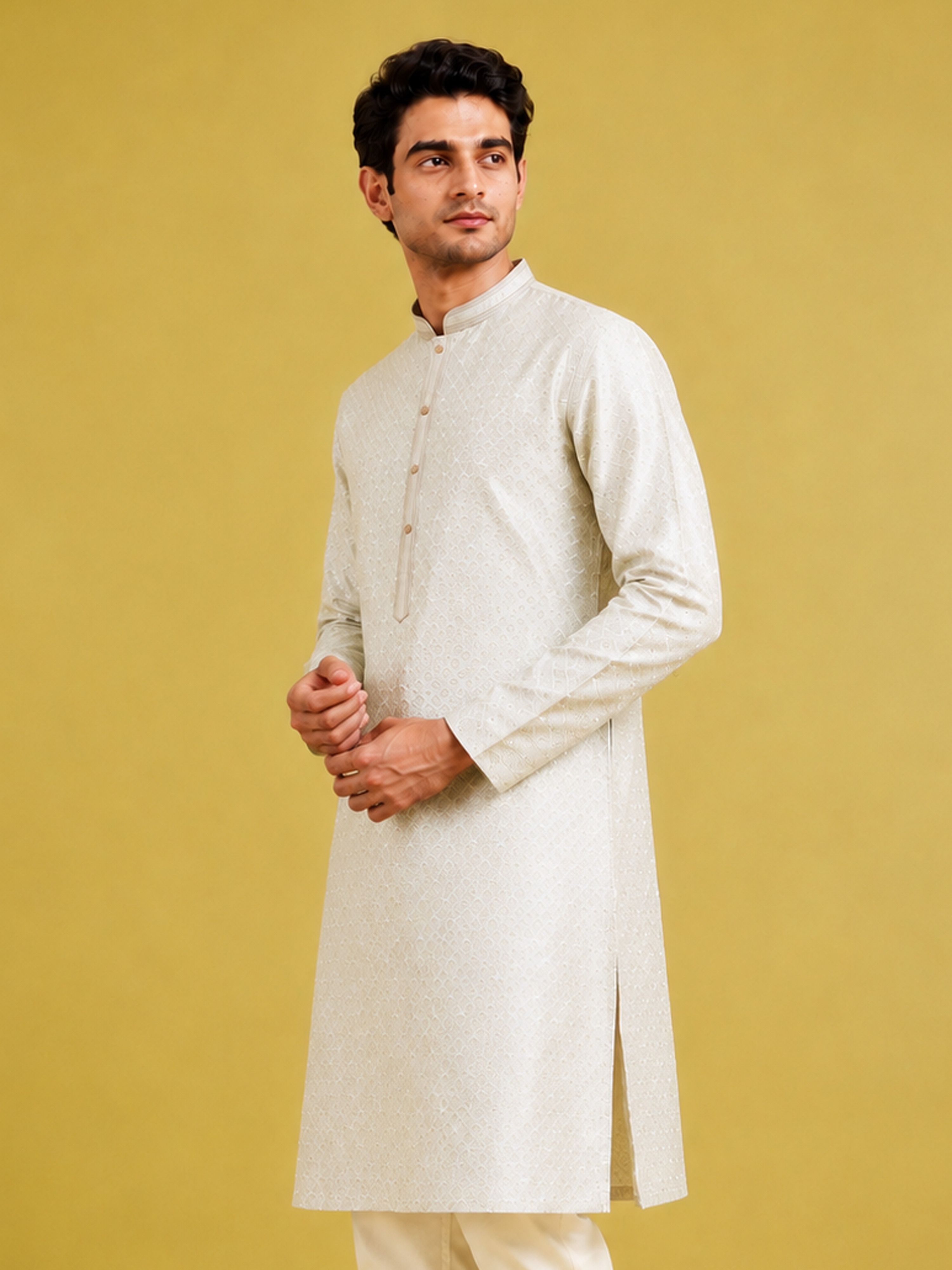 Men's Cream Silk-Blend Embroidered Knee Length Kurta