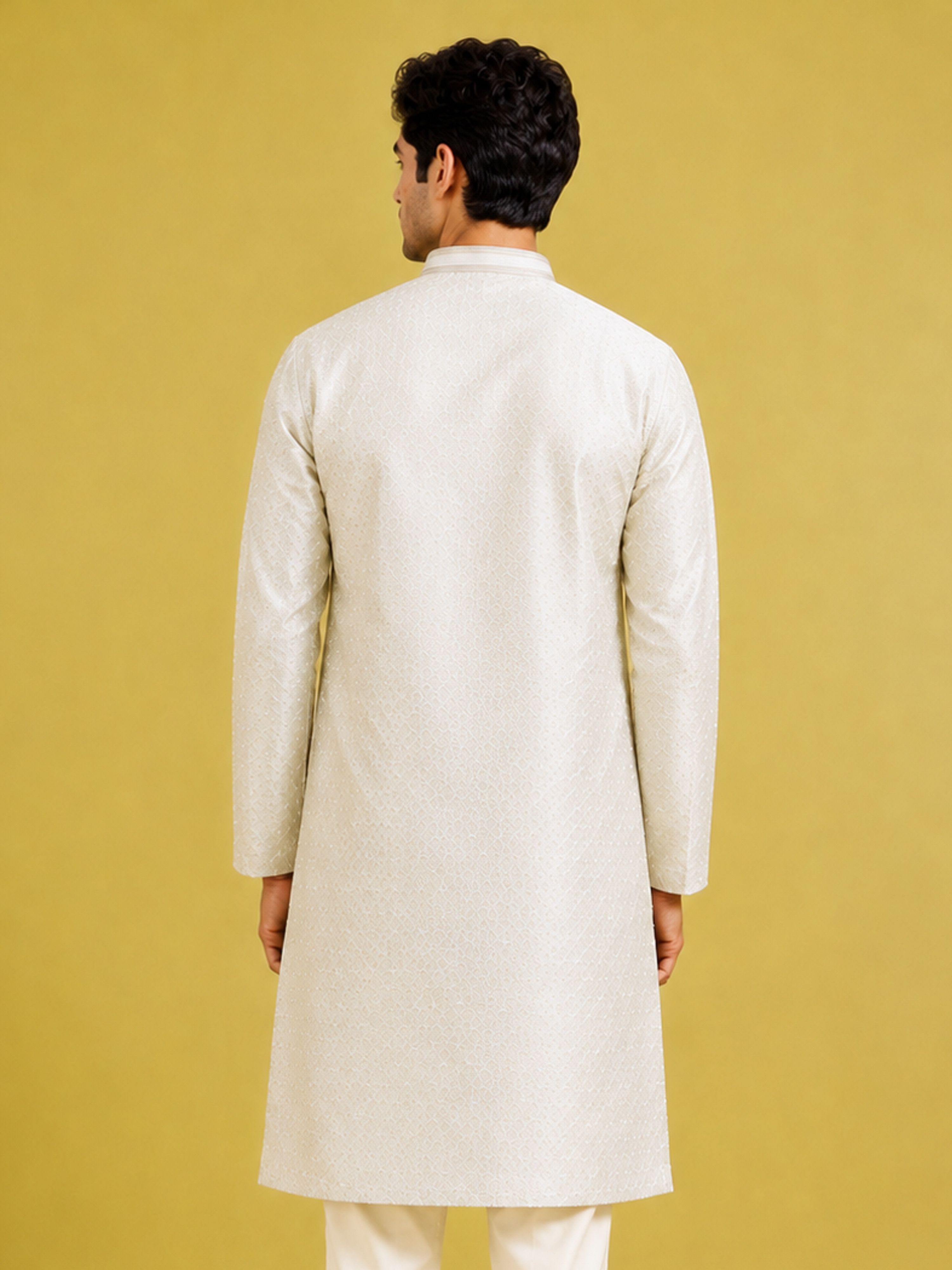 Men's Cream Silk-Blend Embroidered Knee Length Kurta