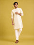 Men's Cream Silk-Blend Embroidered Knee Length Kurta