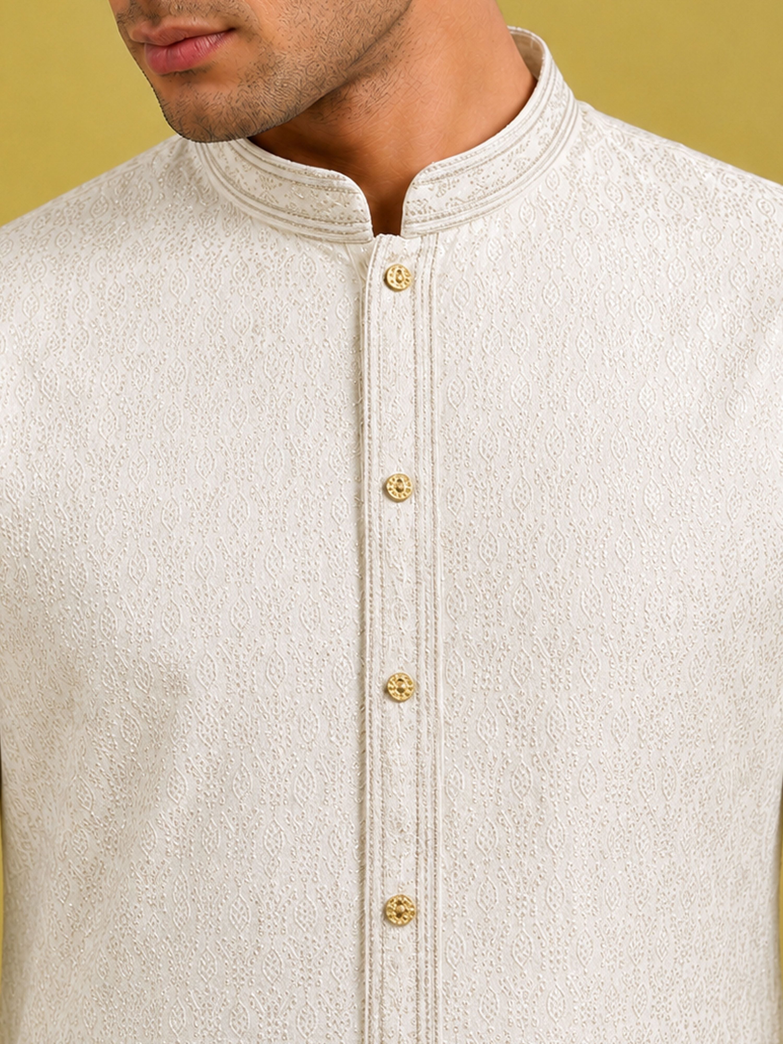 Men's Cream Silk-Blend Embroidered Knee Length Kurta with Pyjama